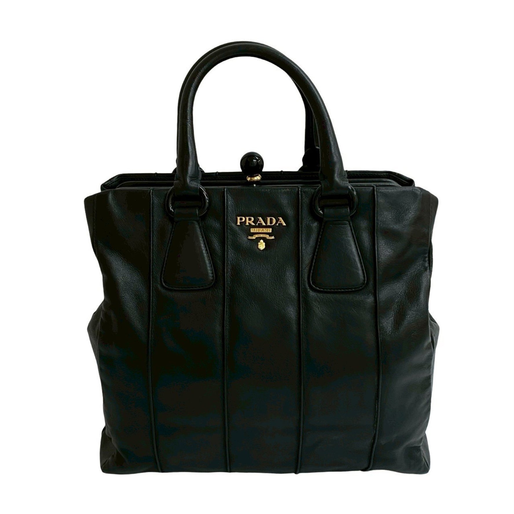 PRADA Logo Gold Hardware Leather Genuine Clasp Handbag Tote Bag Boston 006-3