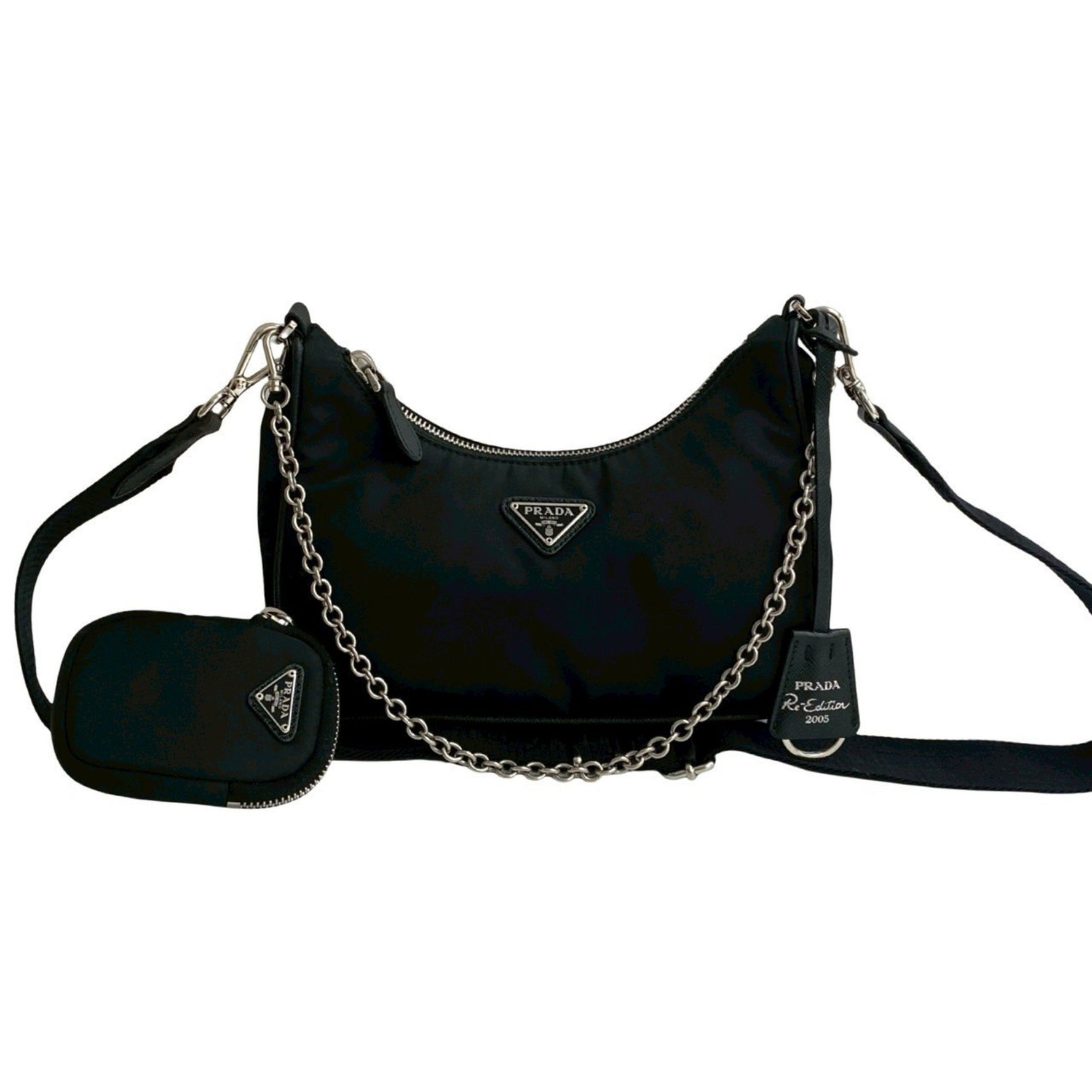 PRADA Re-Edition Triangle Logo Metal Hardware Nylon Chain Shoulder Bag Semi One 948-6