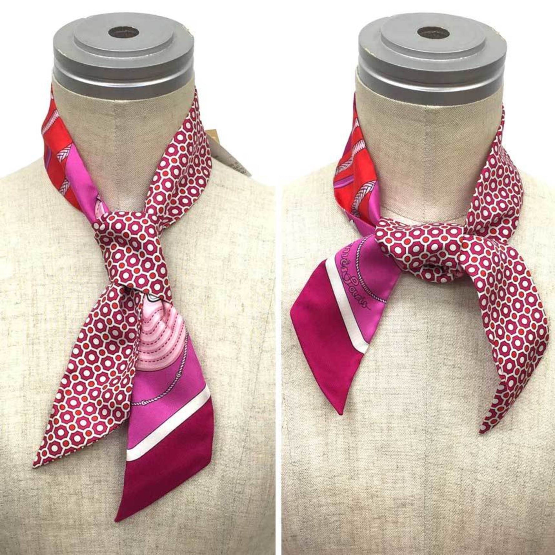 HERMES Twilly Scarf Muffler CLIC CLAC MODERN CANNAGE Click Clack Modern Cannage 2018 Fuchsia/Rouge/Rose Ribbon tie scarf 100% silk Silk