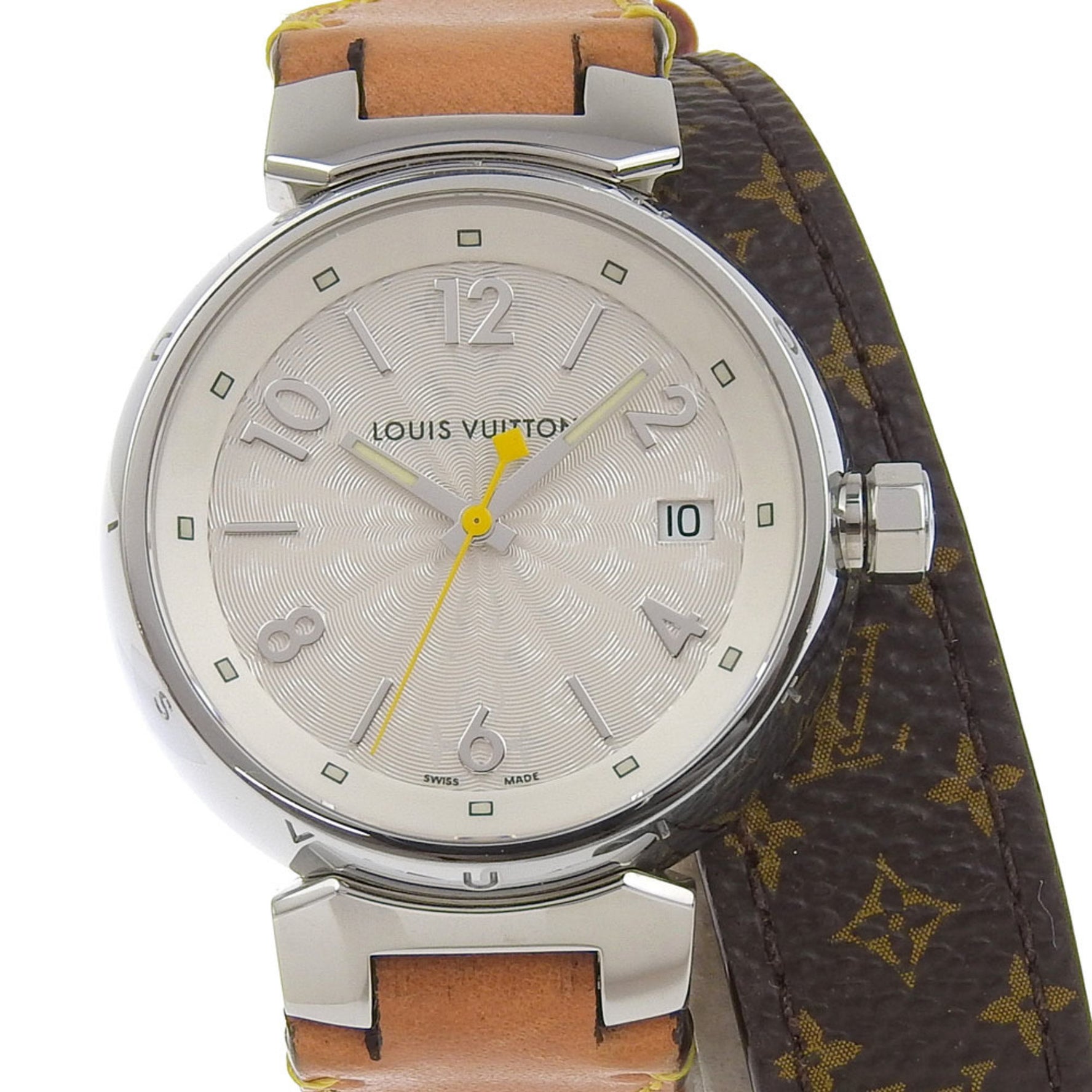Louis Vuitton Tambour Watch Stainless Steel x Monogram Canvas Quartz Analog Display White Dial