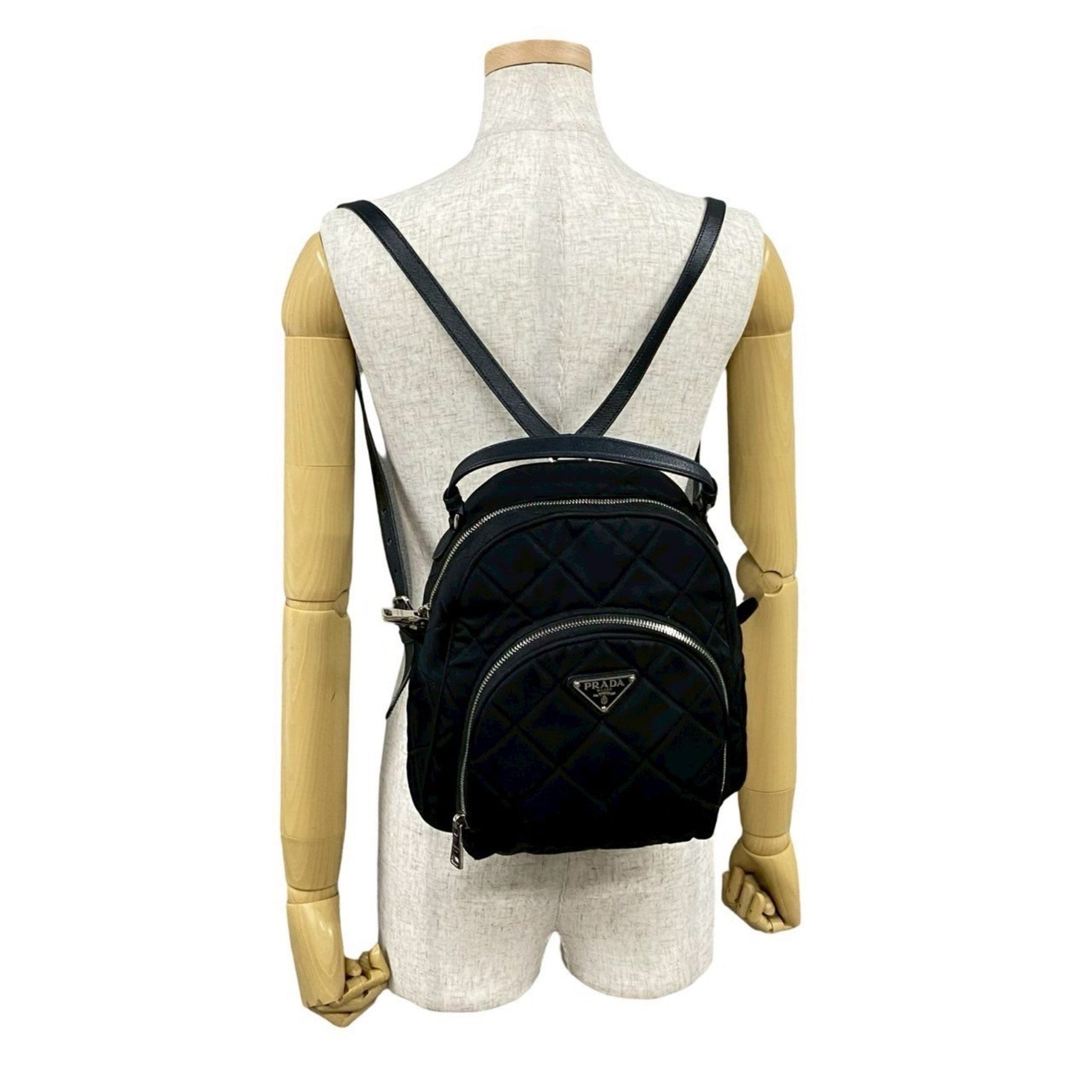 PRADA Triangle Logo Metal Fitted Quilted Nylon Saffiano Leather Mini Backpack Daypack