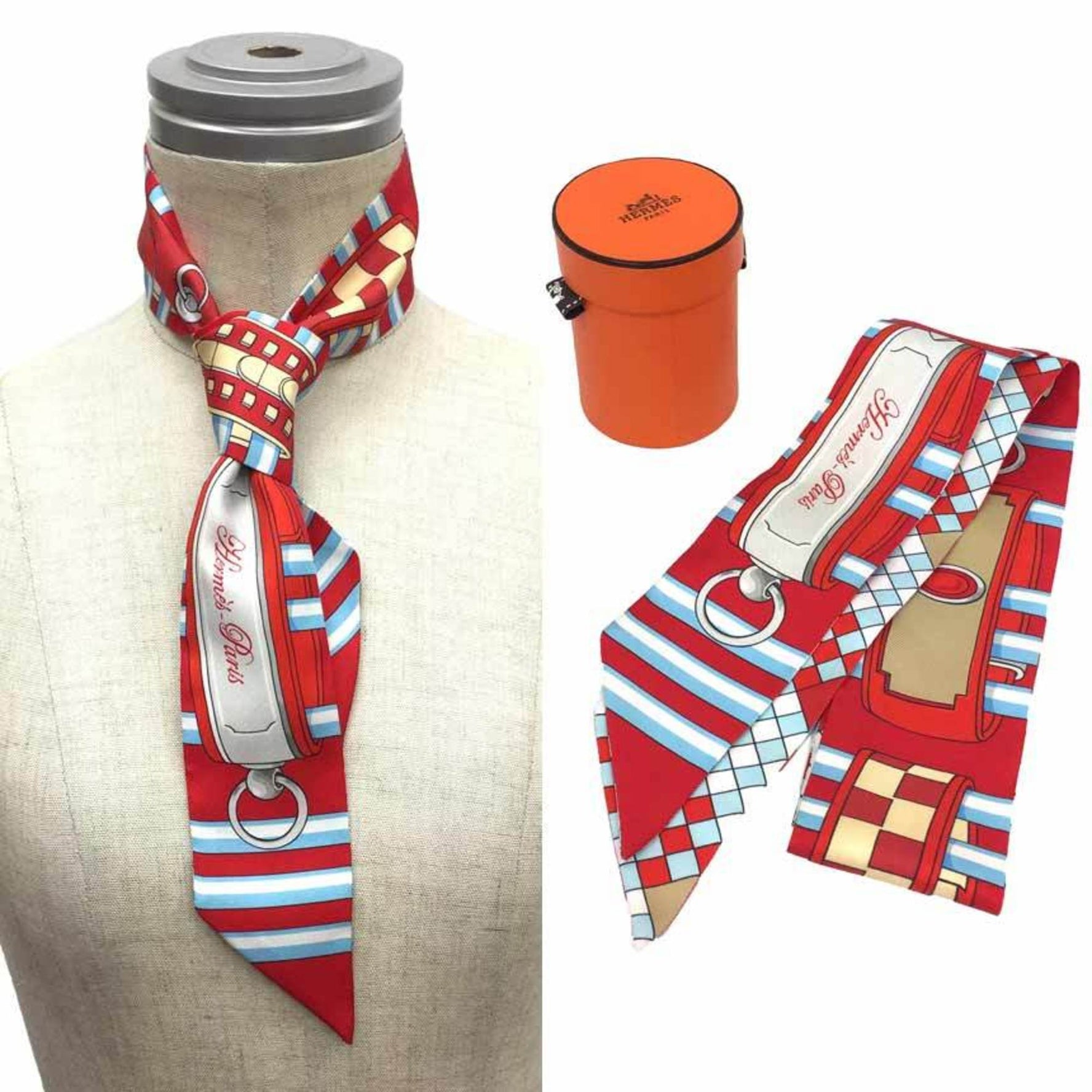 HERMES Twilly Scarf Muffler Colliers de Chiens Remix 2020 Red x Beige Blue (Rouge/Ciel/Gris Pearl) 100% Silk