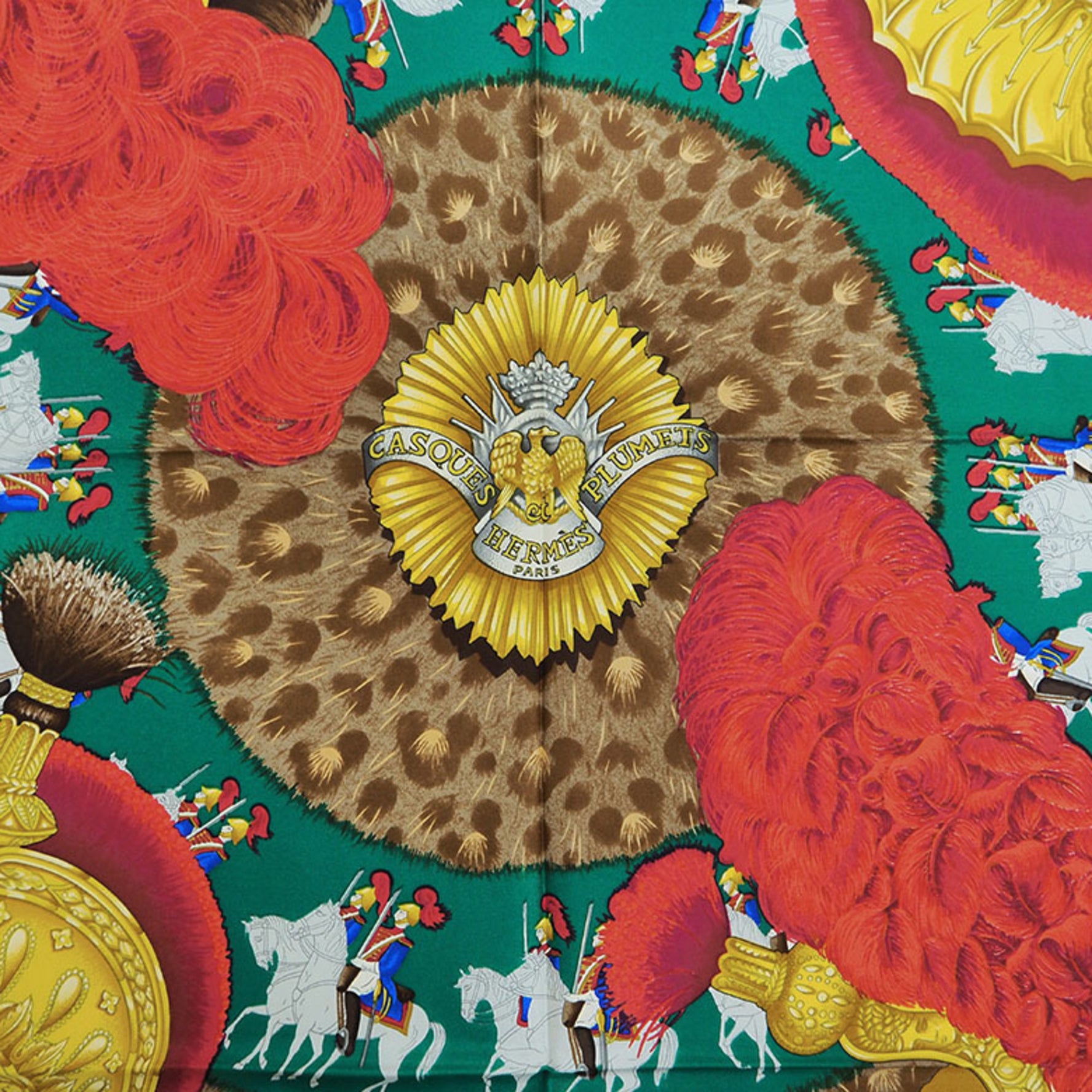 HERMES Carre 90 CASQUES et PLUMETS Faceless Helmet Scarf Muffler Green Hakuba Knight