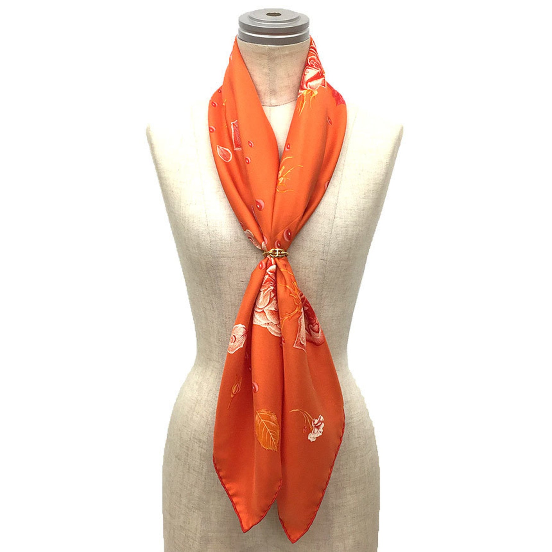 HERMES Scarf Muffler Carre 90 La Rosse Dew Rose Flower Silk