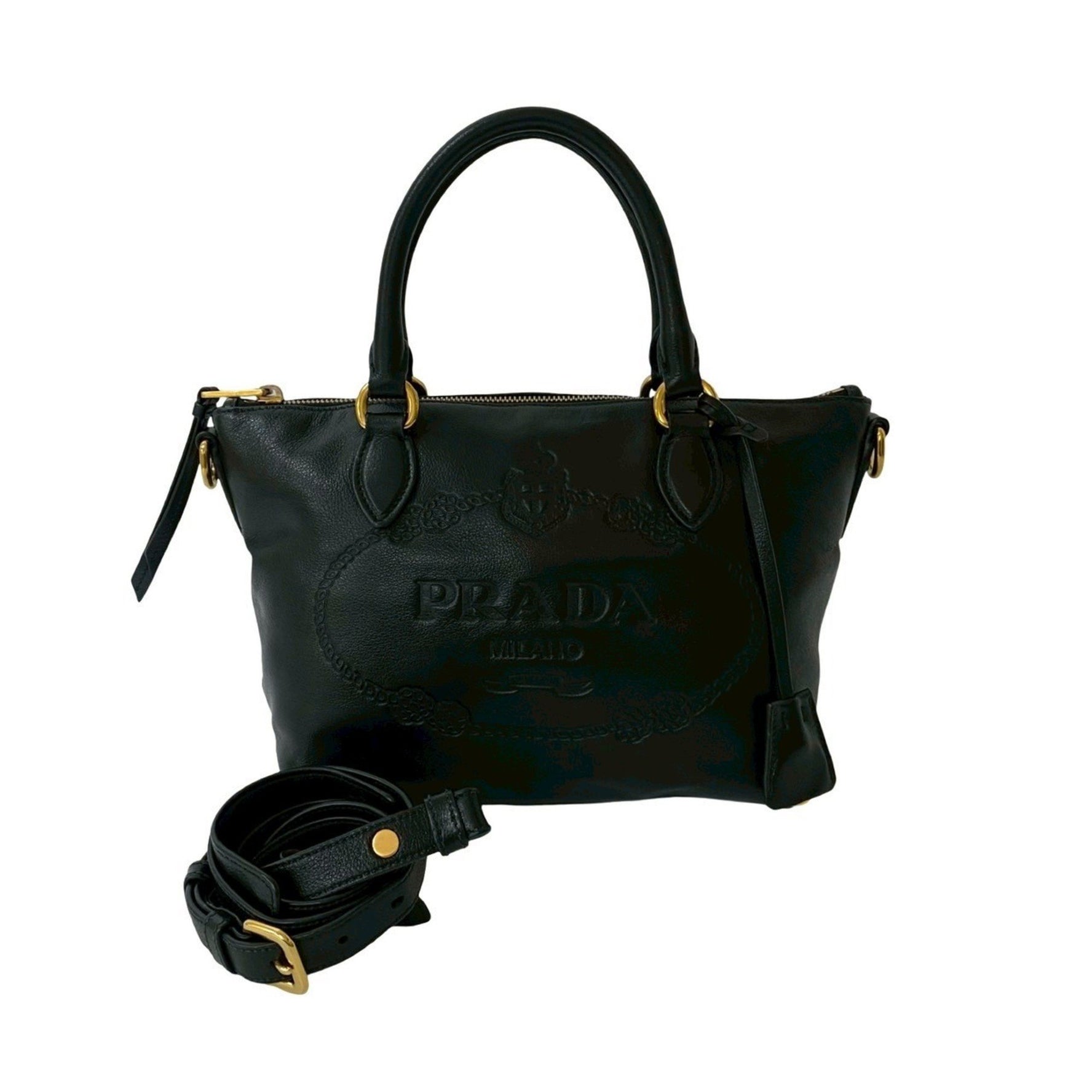 PRADA Logo Embossed Calfskin Leather Handbag, Mini Boston Bag, Shoulder