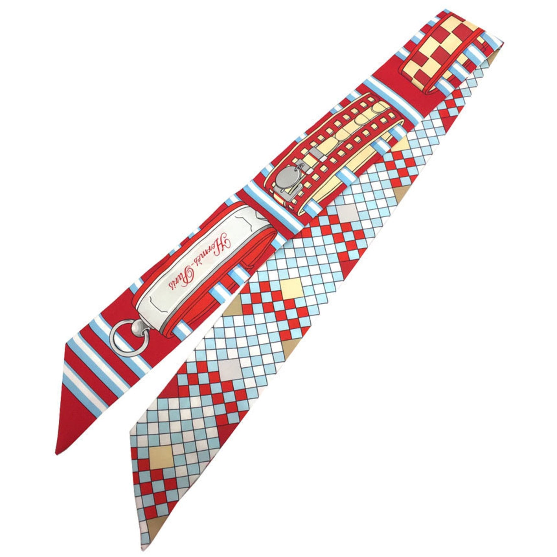 HERMES Twilly Scarf Muffler Colliers de Chiens Remix 2020 Red x Beige Blue (Rouge/Ciel/Gris Pearl) 100% Silk