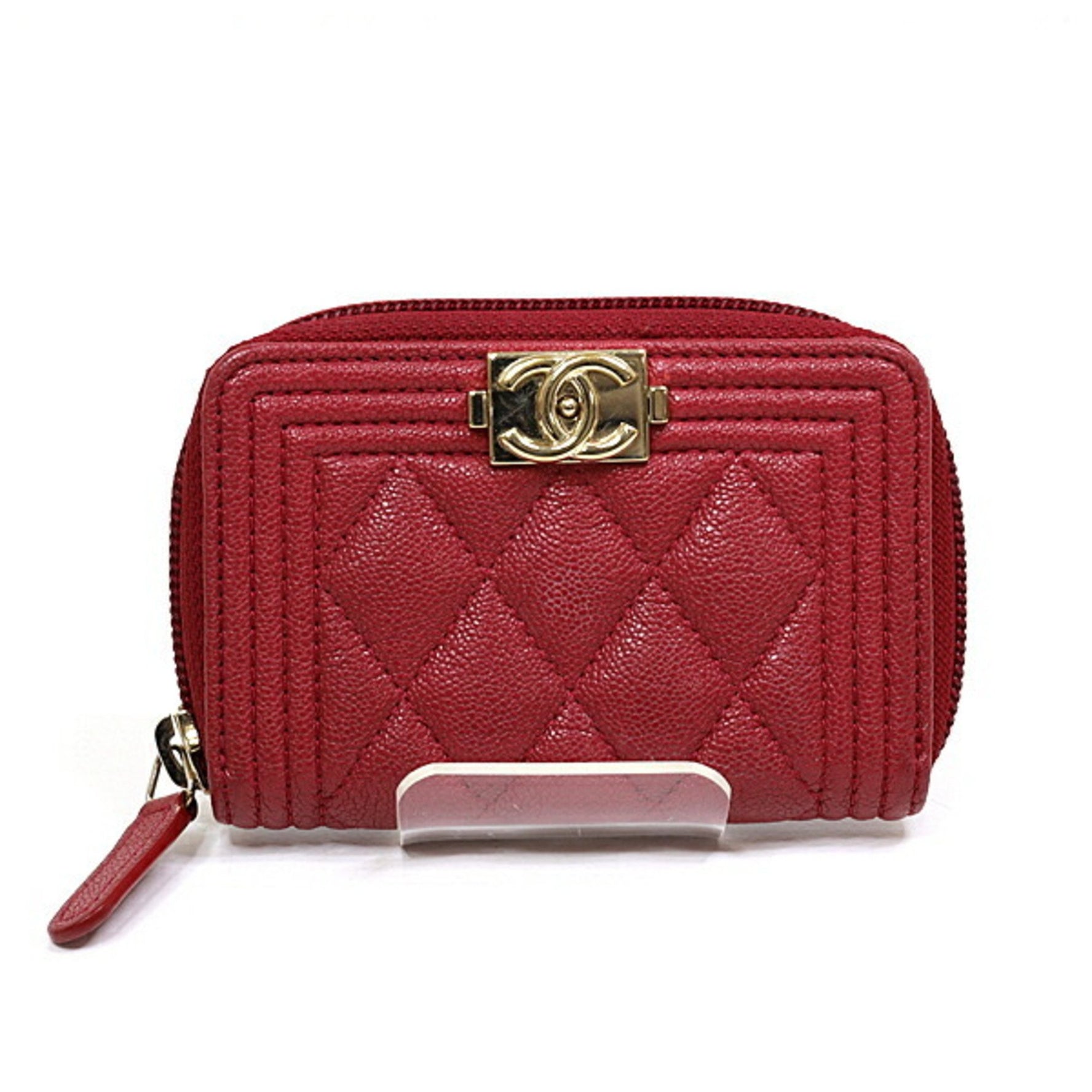 CHANEL Boy Card Case Red Gold Metal Fittings Serial Seal Caviar Skin