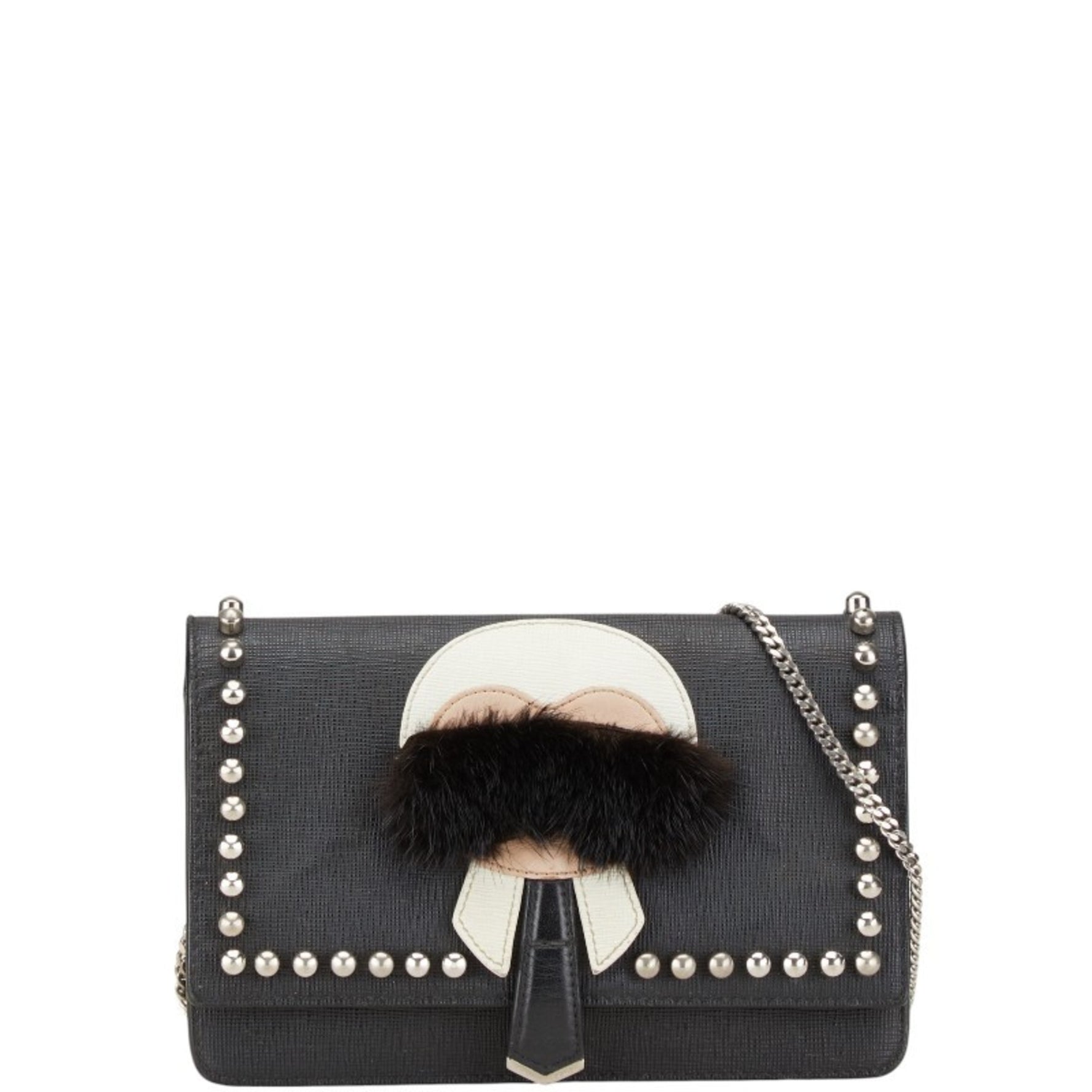 FENDI MONSTER KARL LAGERFELD WALLET CHAIN BLACK MULTICOLOR LEATHER FUR