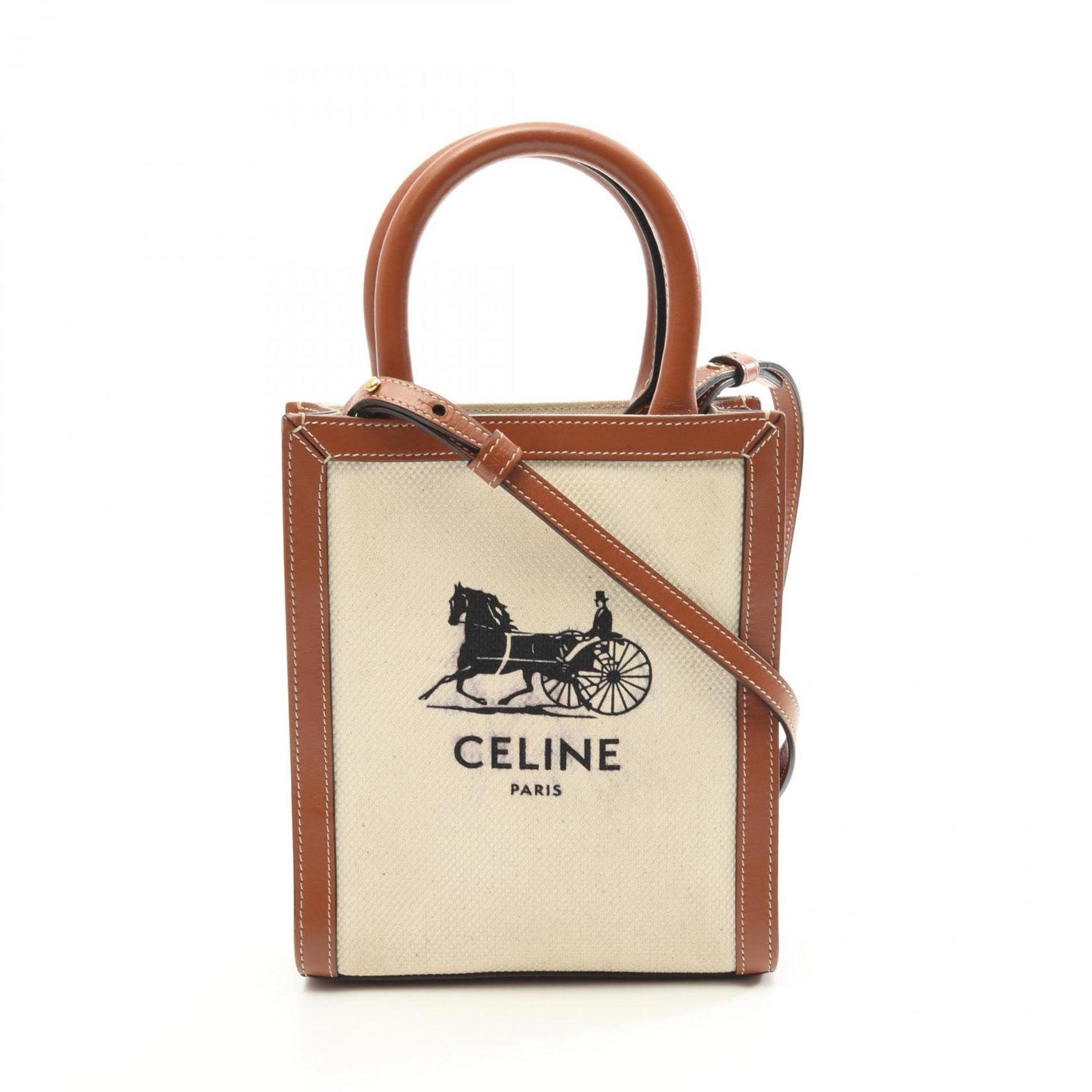 CELINE Mini Vertical Cabas Handbag Canvas Leather Ivory Brown
