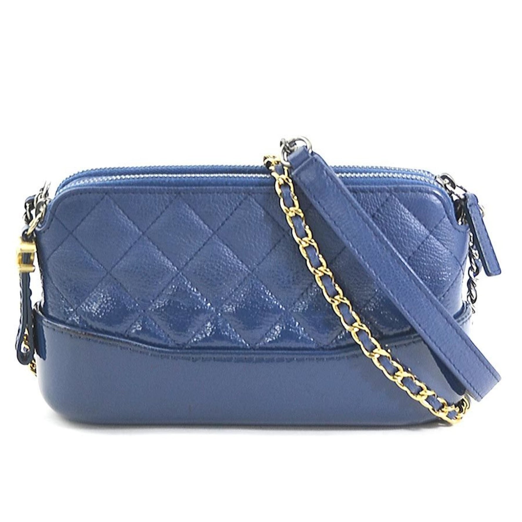 CHANEL Shoulder Bag Gabriel Leather Enamel Navy Blue Silver Gold