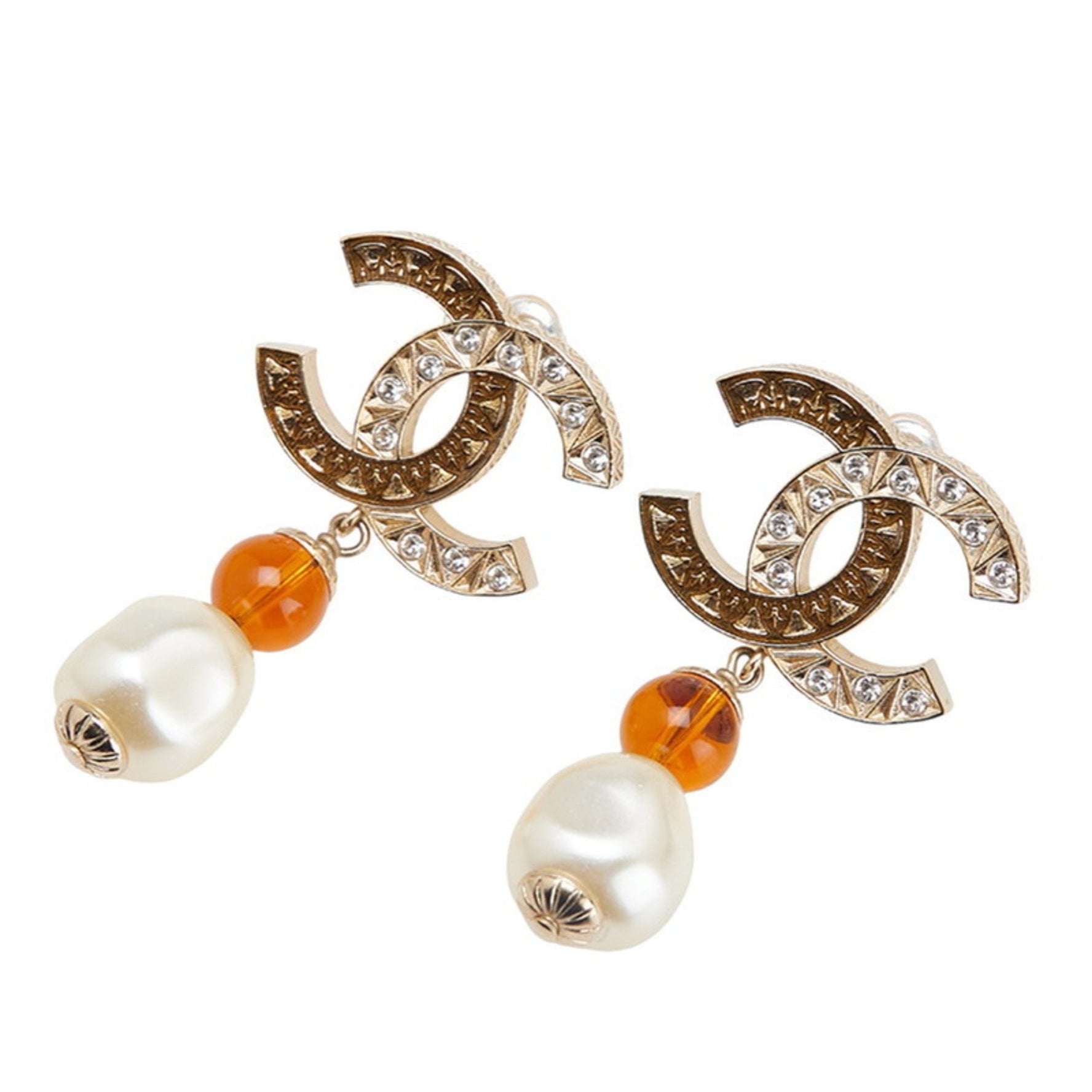 Chanel Coco Mark Rhinestone Swing Earrings in Champagne Gold and Orange Metal with Faux Pearls