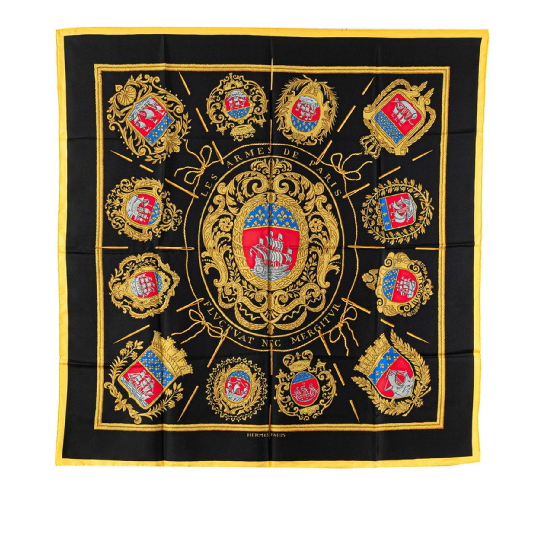 Hermès Carré 90 "Les Armes de Paris" Paris Coat of Arms Scarf, Black, Beige, Multicolor, Silk, HERMES
