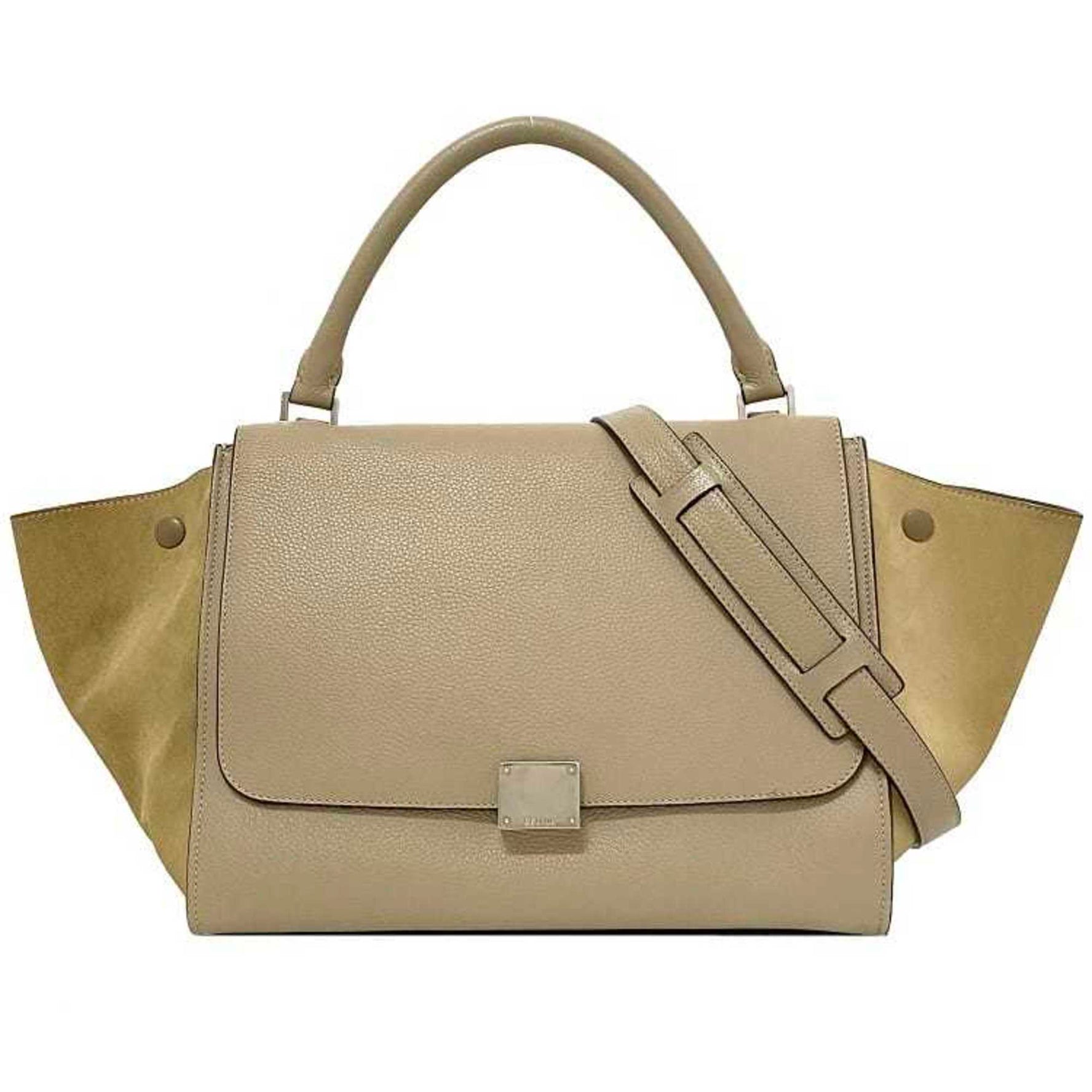 Celine bag trapeze gray beige leather suede handbag shoulder flap turn lock ladies
