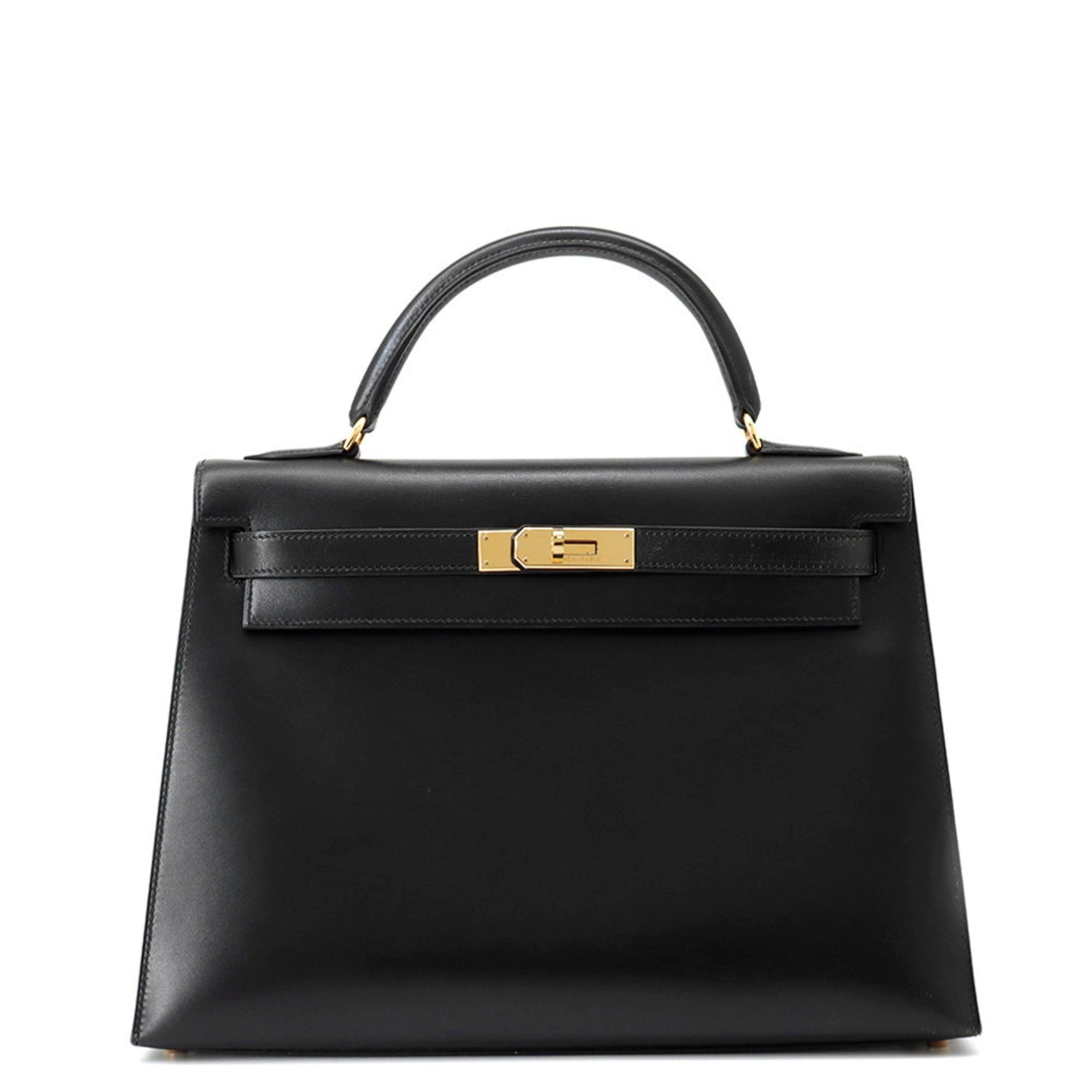 Hermès Kelly 32 Handbag, Black Box Calf Leather, with Exterior Stitching, C Stamp, HERMES 2-Way Bag,