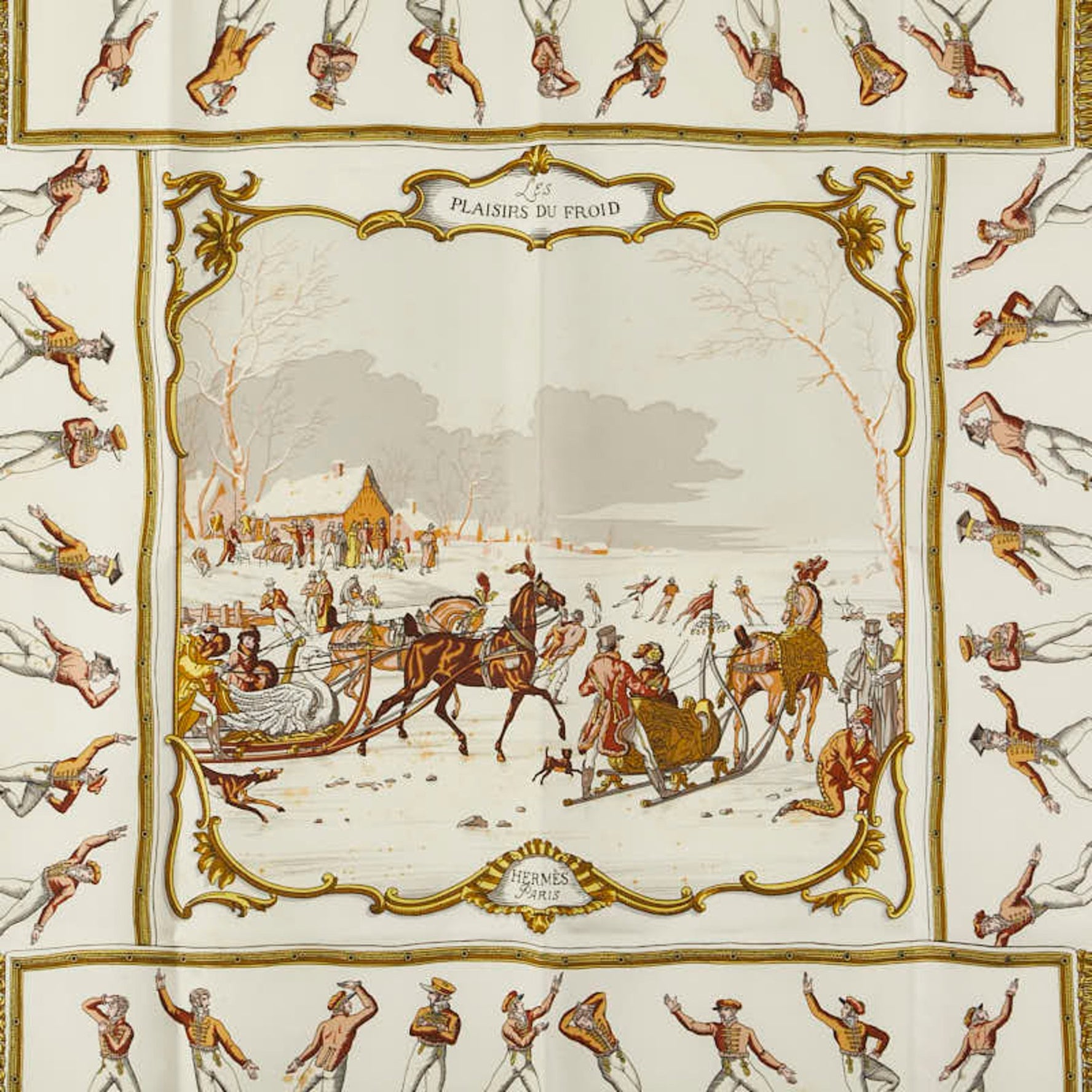 Hermes Hermès Carré 90 "Les Plaisirs du Froid" (Joys on Ice) scarf, white, gold, and multicolored silk, .
