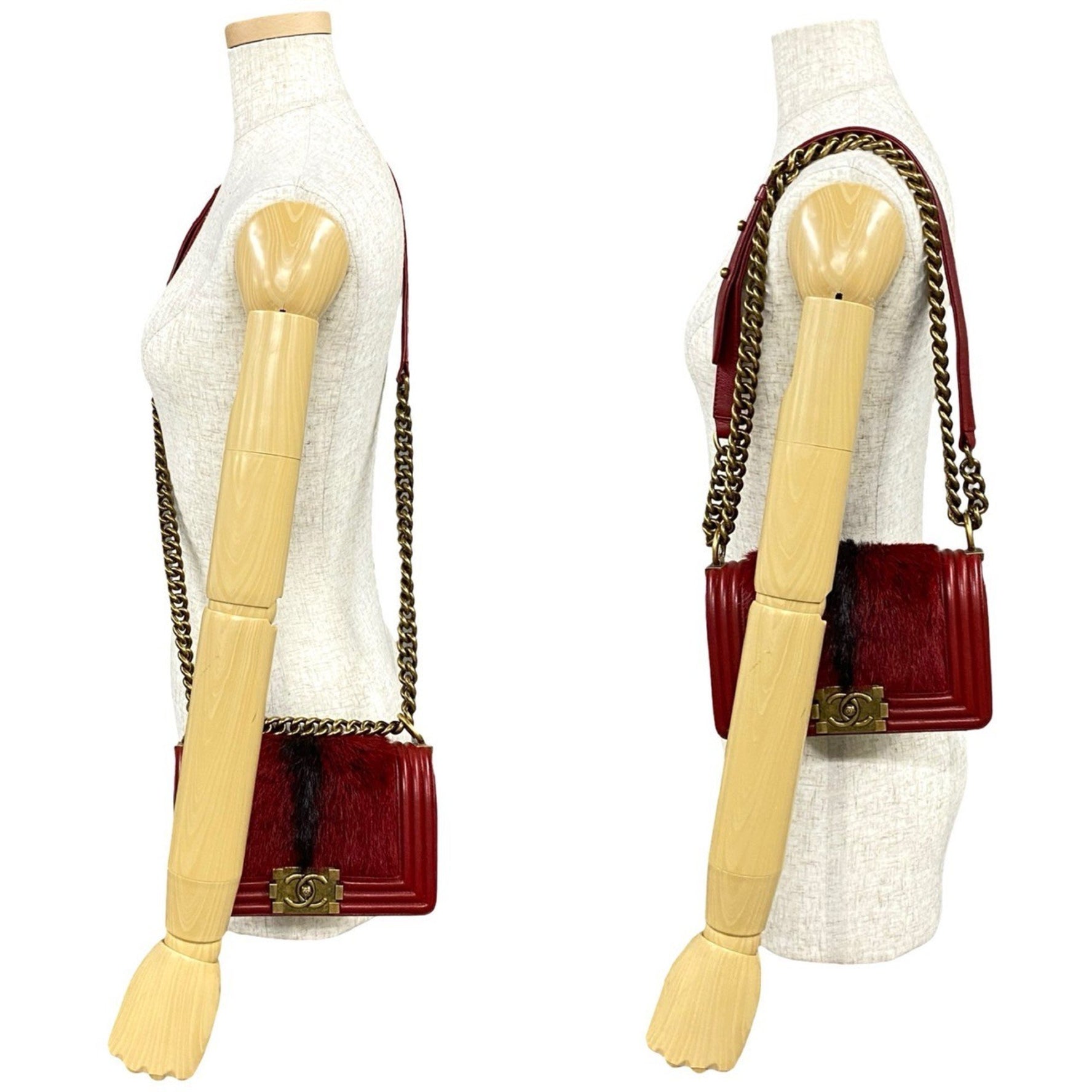 CHANEL Boy Coco Mark Leather and Rabbit Fur Chain Shoulder Bag, Red