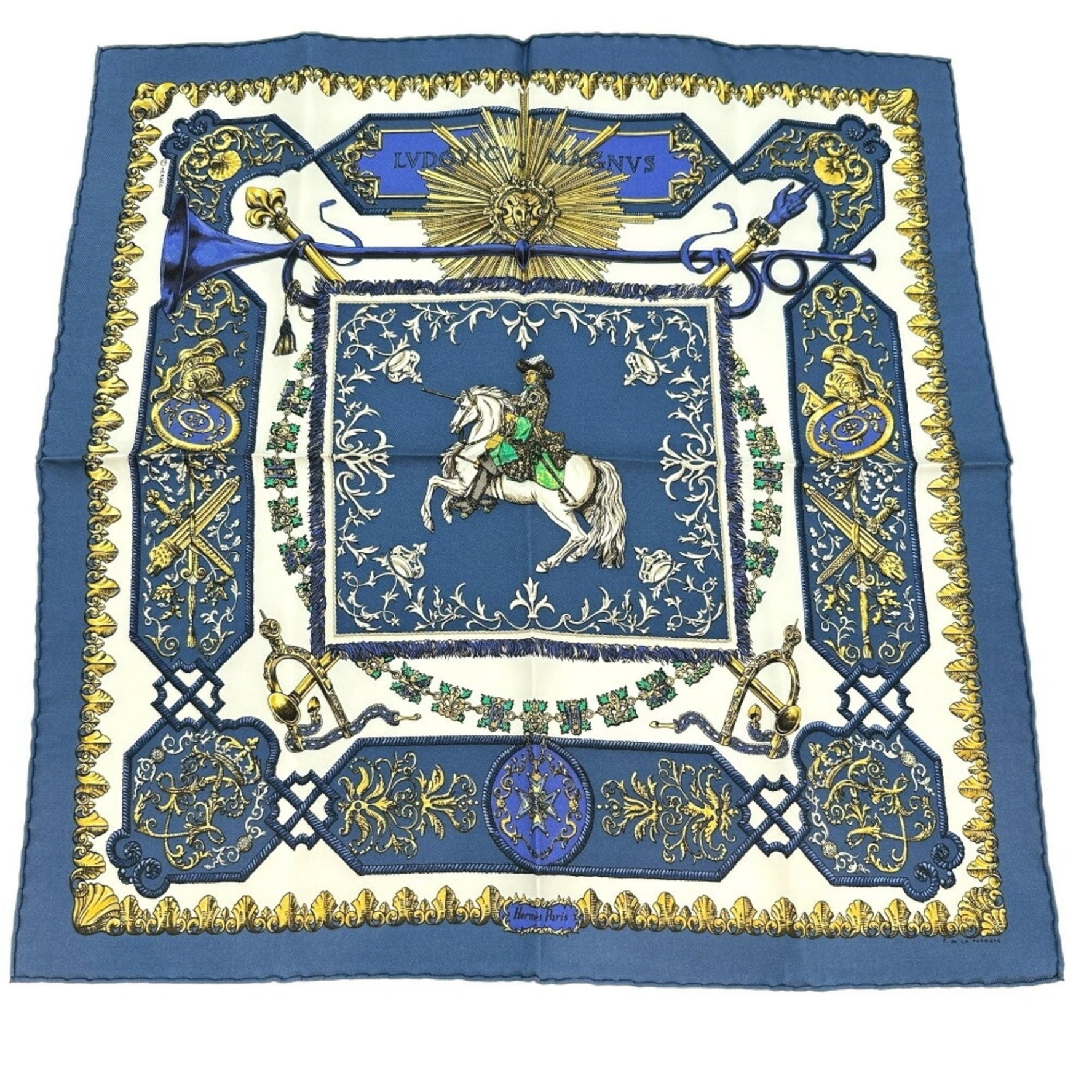 Hermes Carre 42 Scarf Muffler LVDOVICVS MAGNVS Louis XIV on a White Horse Silk