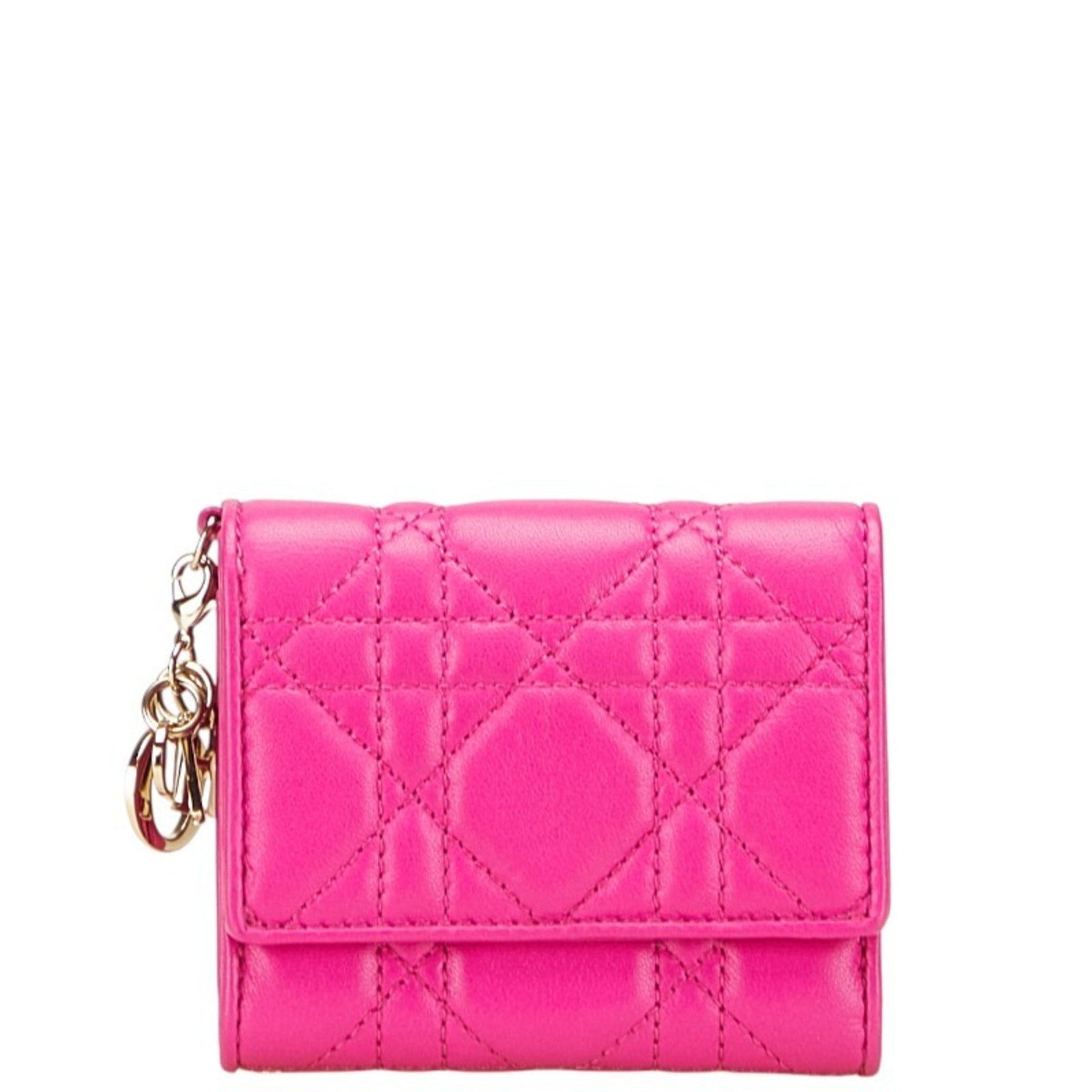Christian Dior Dior Cannage Lady Lotus Wallet Tri-fold in Shocking Leather