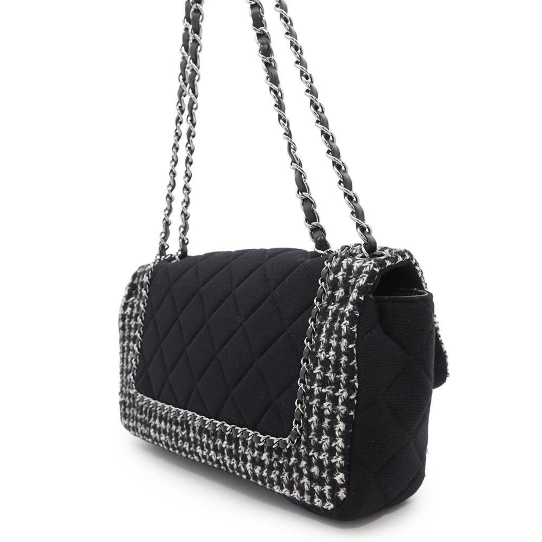 Chanel Chain Shoulder Bag Matelasse Coco Mark Tweed Black White