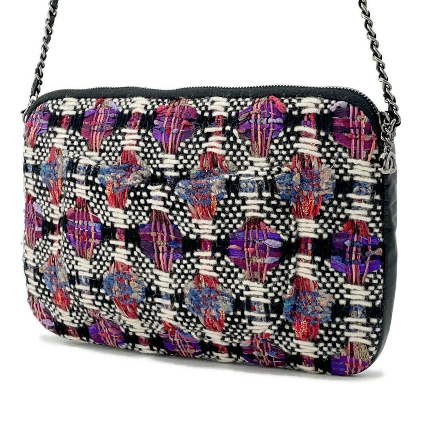 Chanel Chain Shoulder Bag Girl Coco Button Tweed Lambskin Black