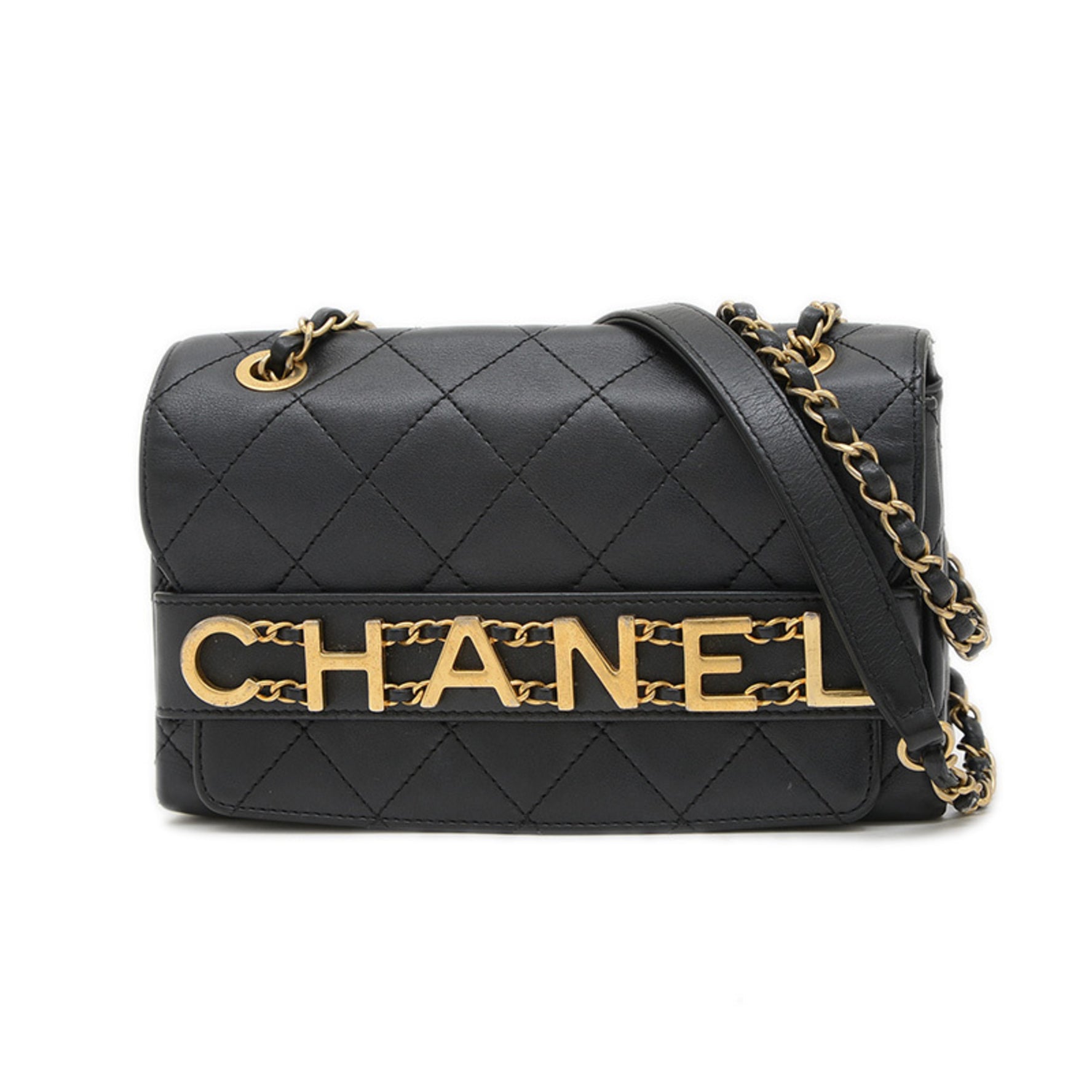 Chanel Matelasse Logo Chain Shoulder Bag in Lambskin with Gold Hardware