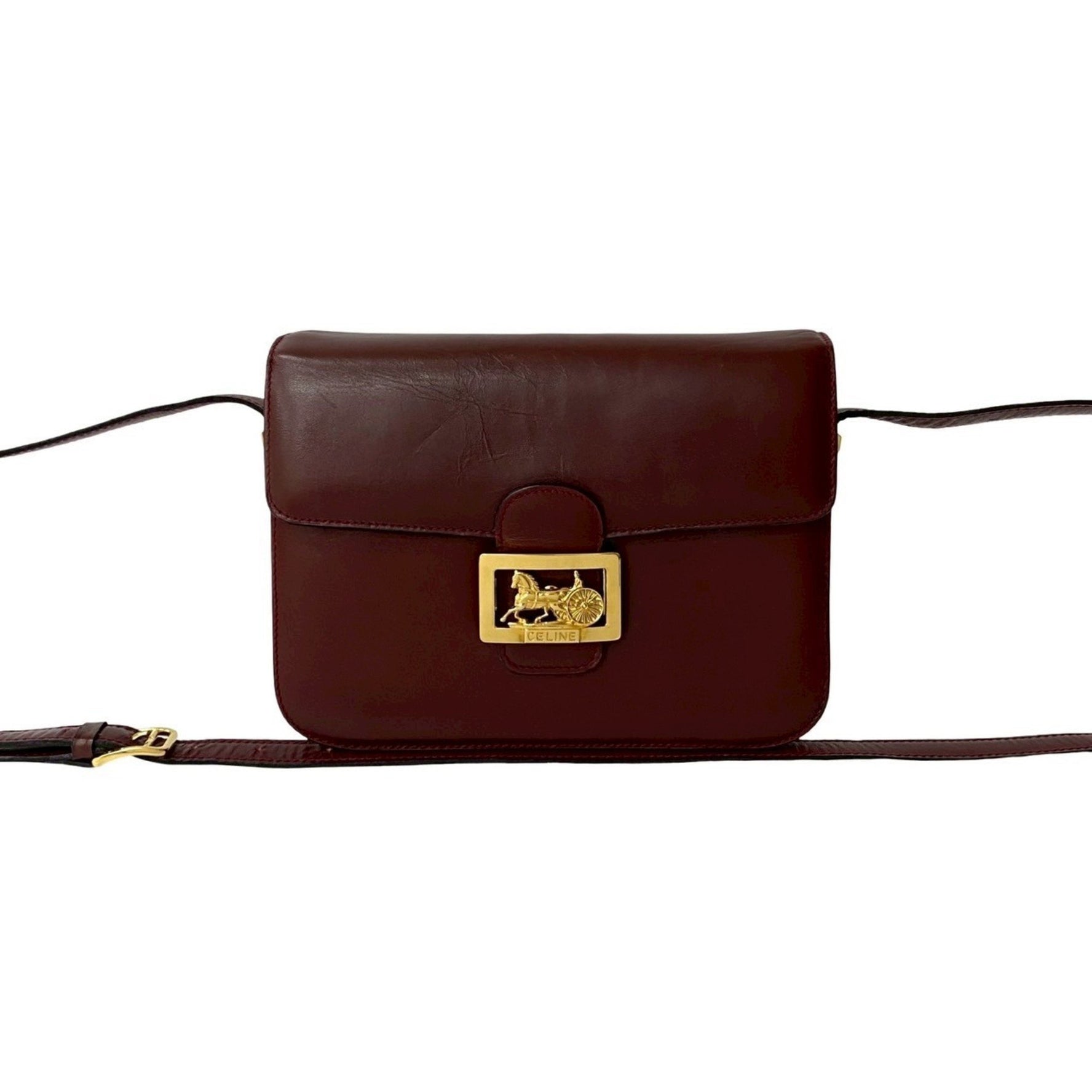 CELINE Logo Horse-Drawn Carriage Hardware Leather Genuine Shoulder Bag Pochette Sacoche Bordeaux