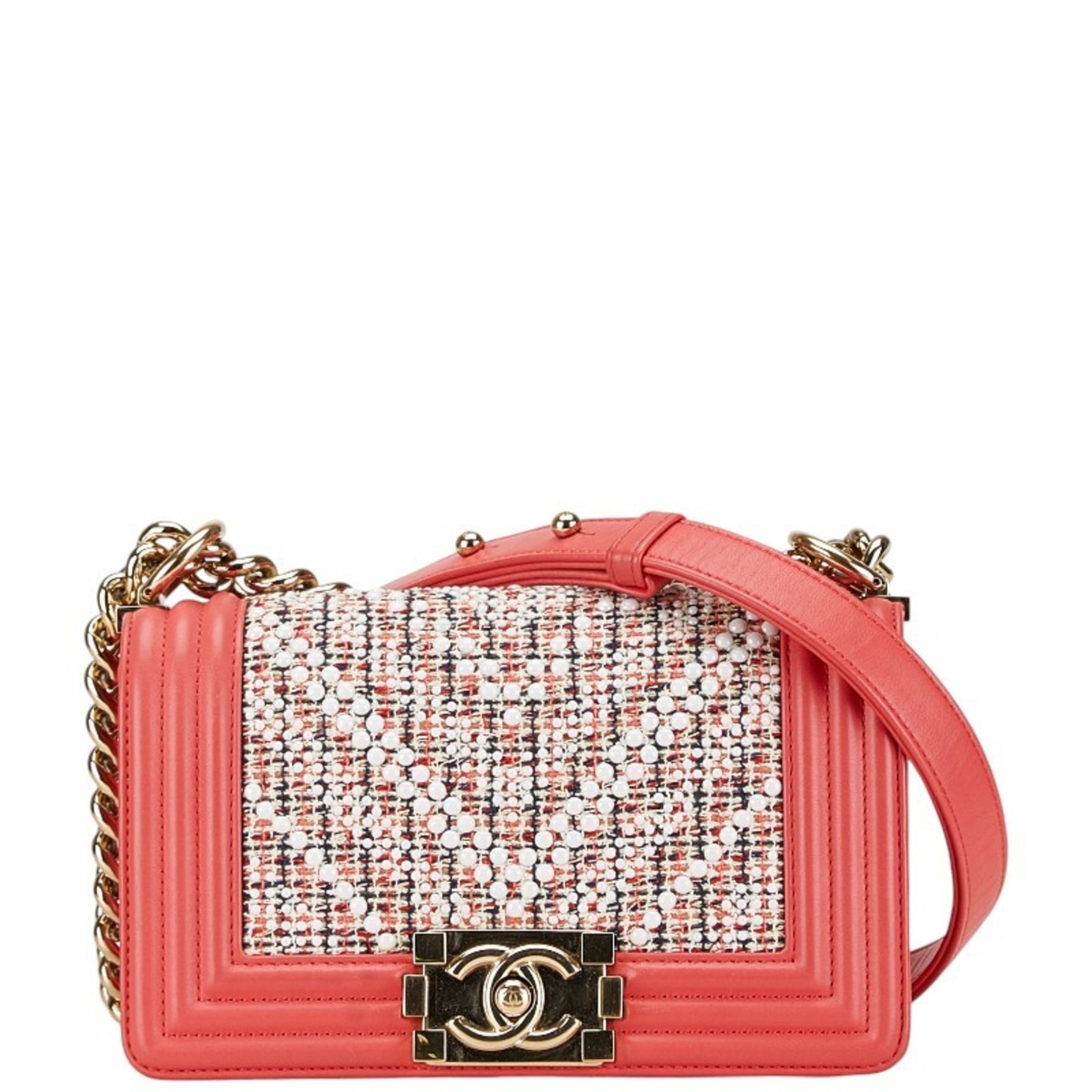 Chanel Boy Coco Mark Chain Shoulder Bag Pink White Multicolor Tweed Leather