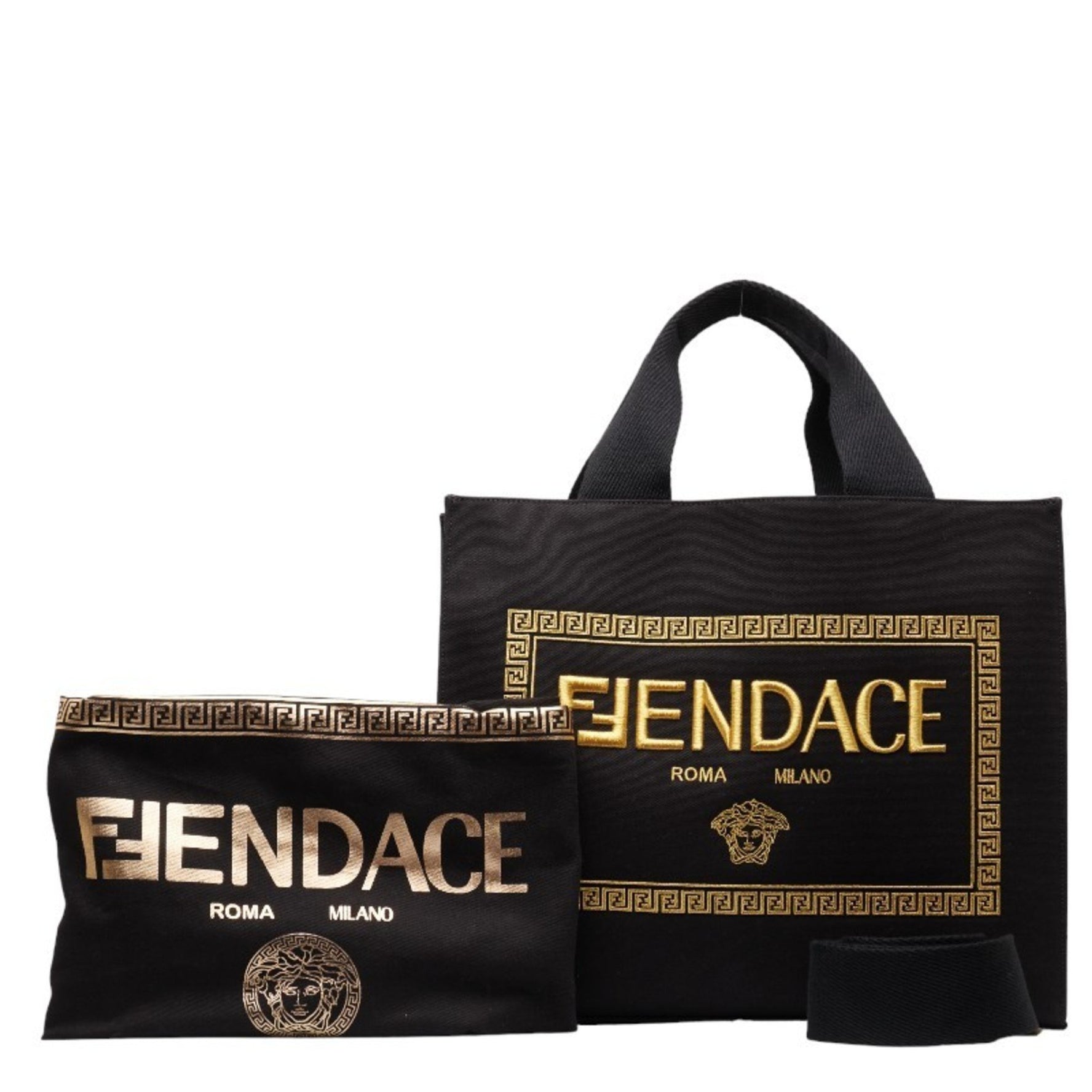 FENDI x VERSACA Versace FENDACE Fendace La Medusa Tote Bag Shoulder Black Yellow Canvas