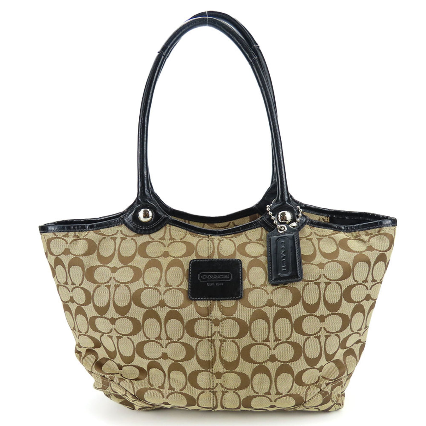 Coach Tote Bag Signature Canvas Patent Leather Beige Black