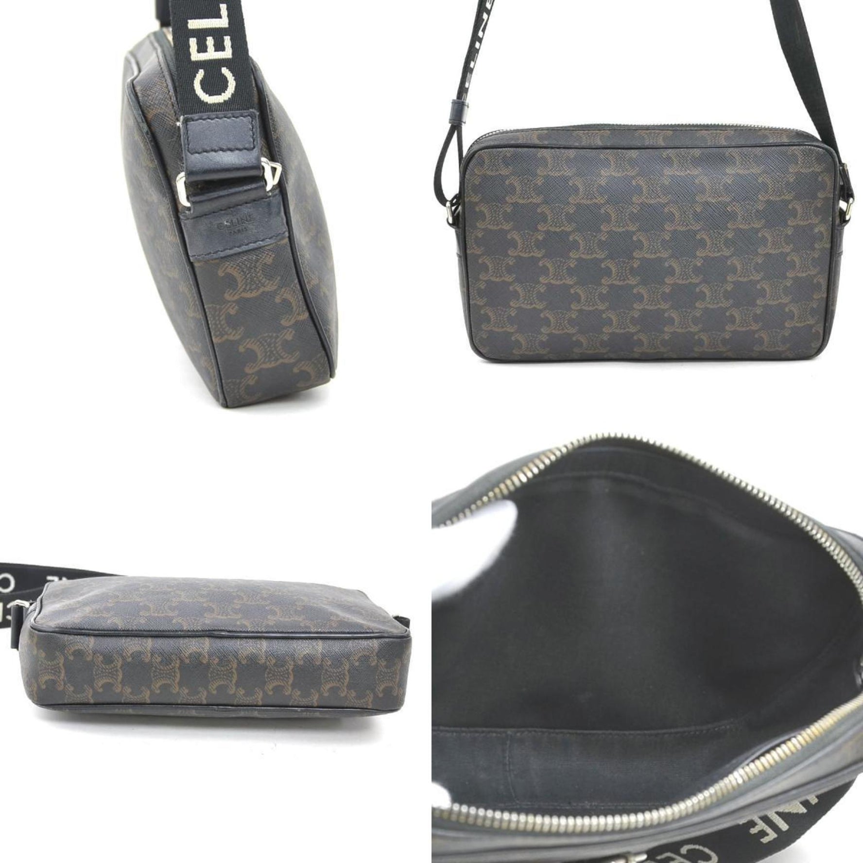 CELINE Shoulder Bag Coated Canvas Brown x Black Men's