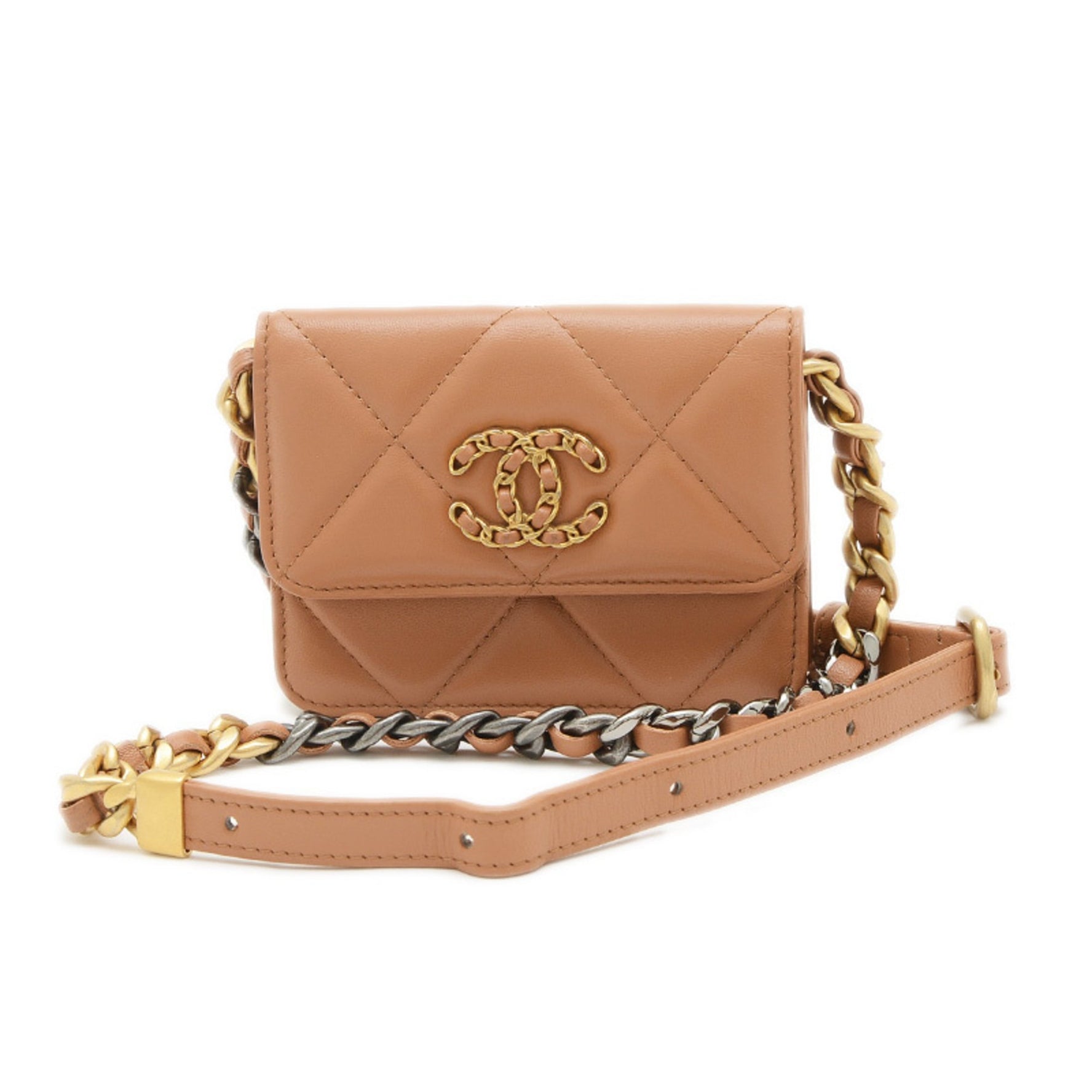 Chanel 19 Chain Shoulder Bag Lambskin Gold Silver Hardware