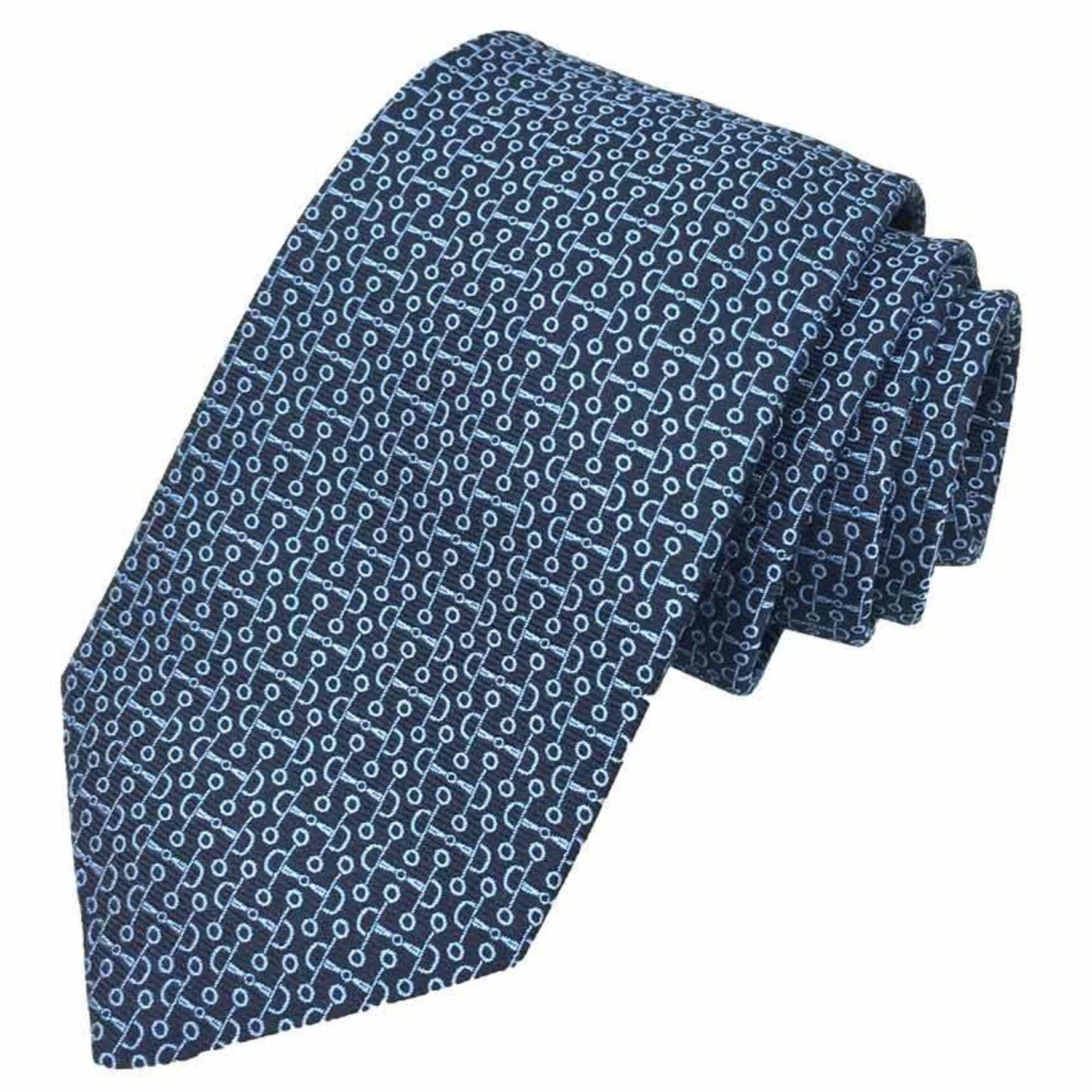 Hermes Tie SOIE LOURDE DOUBLE BAUCHER 02 MARINE/CIEL Silk Jacquard Weave Saddlery Pattern