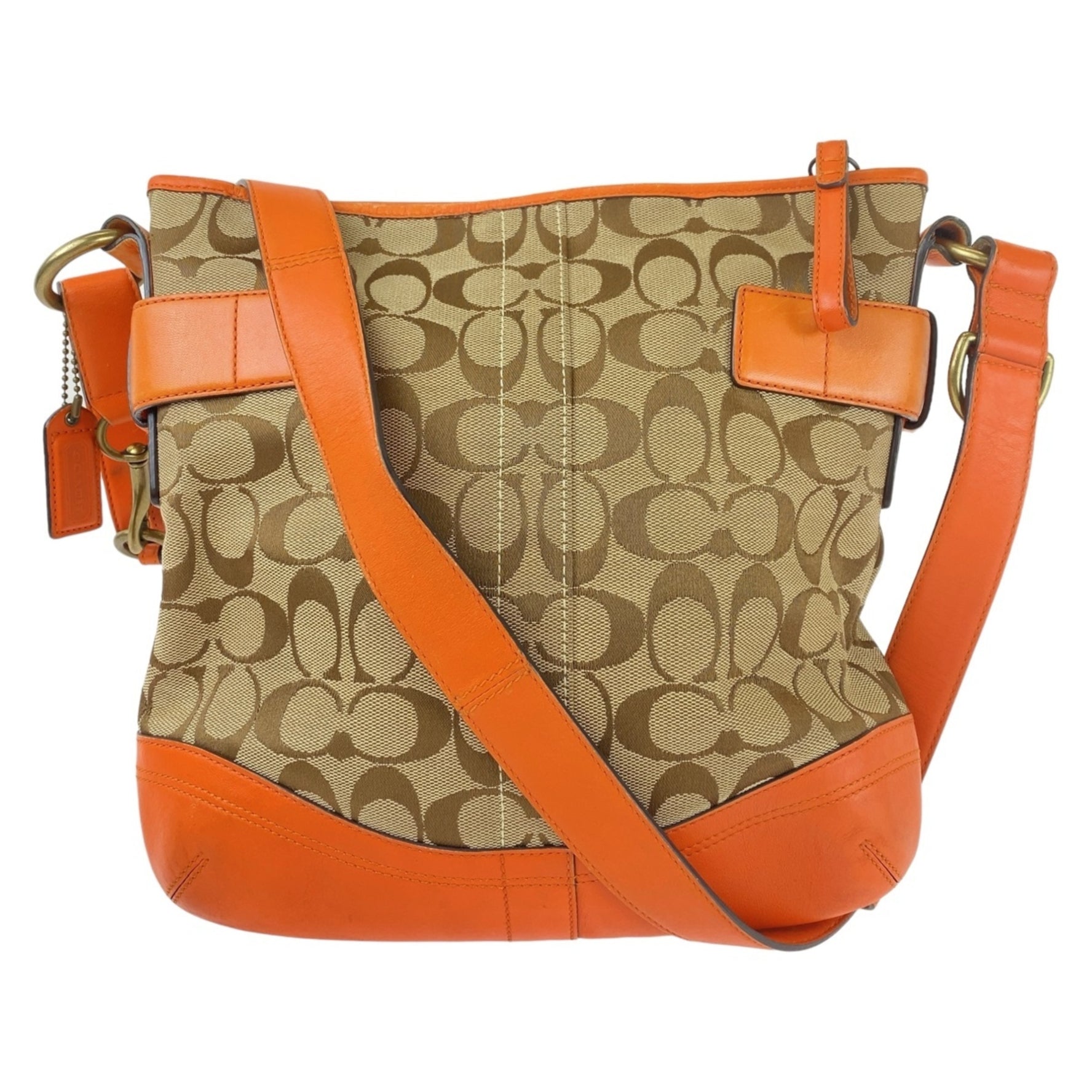 COACH Signature Orange Beige Gold Hardware Canvas Leather Shoulder Bag Pochette Crossbody