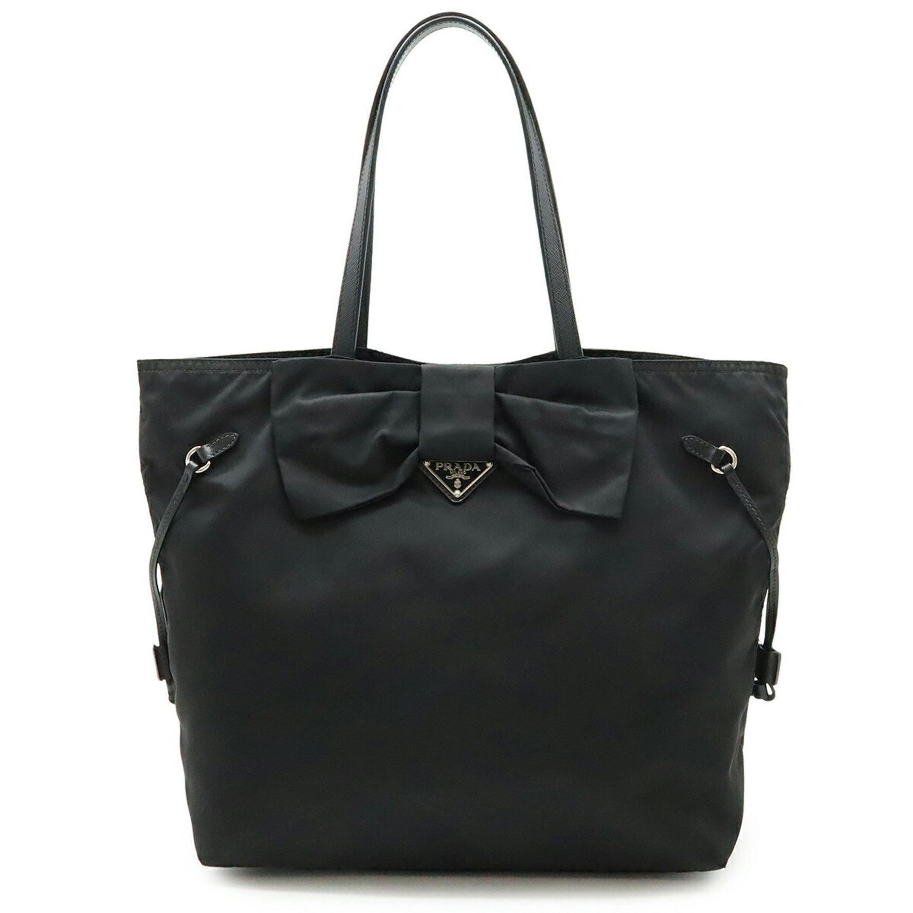 PRADA ribbon motif tote bag shoulder nylon saffiano leather NERO black