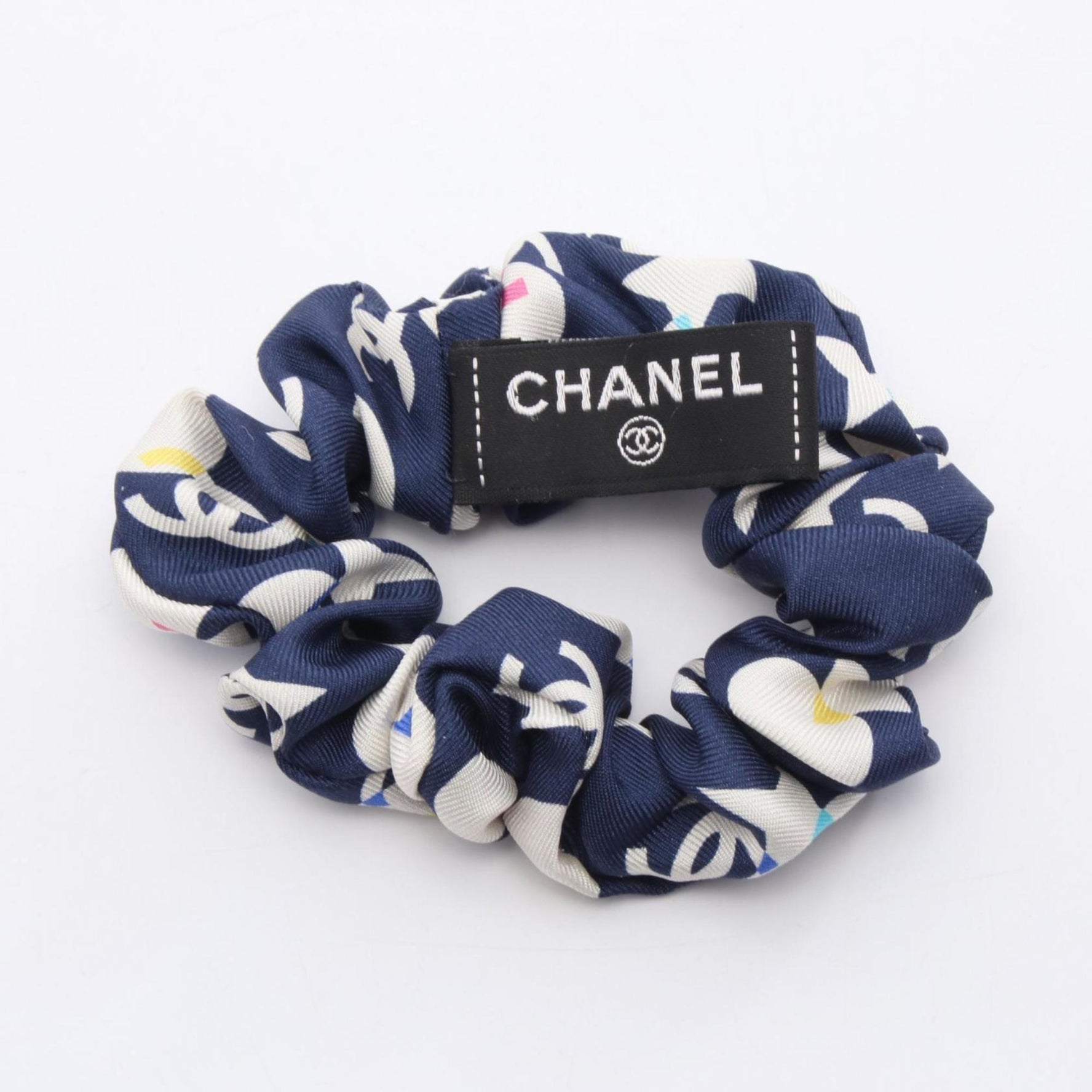 CHANEL Silk Scrunchie Accessory in Navy, White, and Multicolor