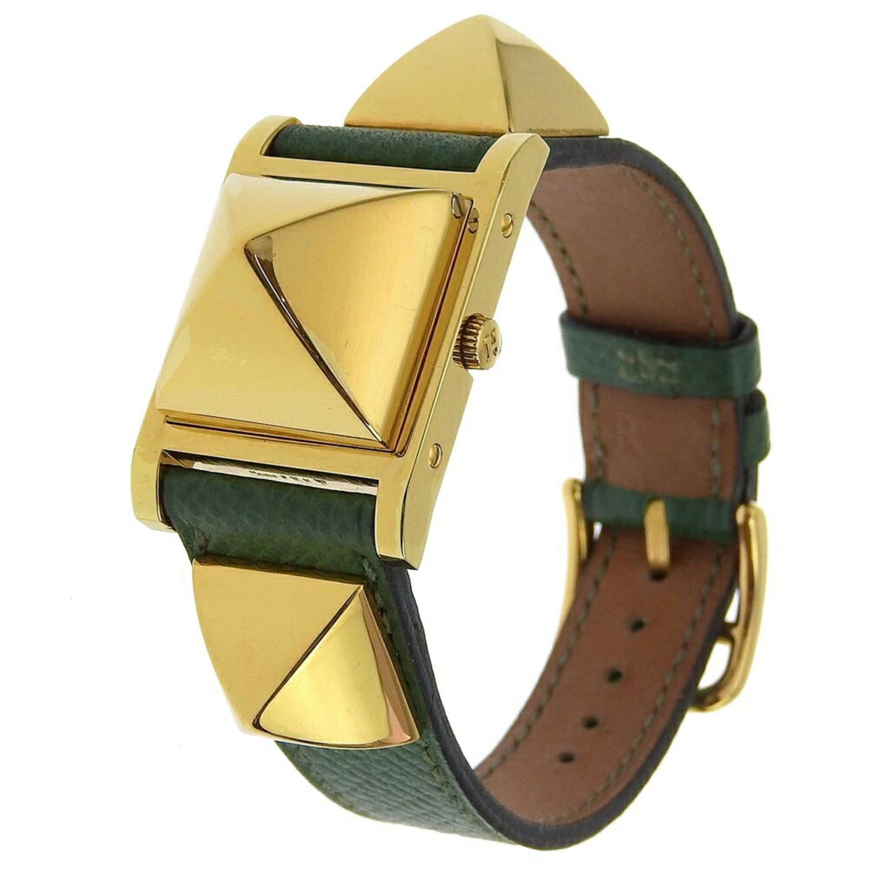 Hermes Medor Watch Gold Plated x Leather 1994 Green 〇X Quartz Analog Display White Dial Ladies