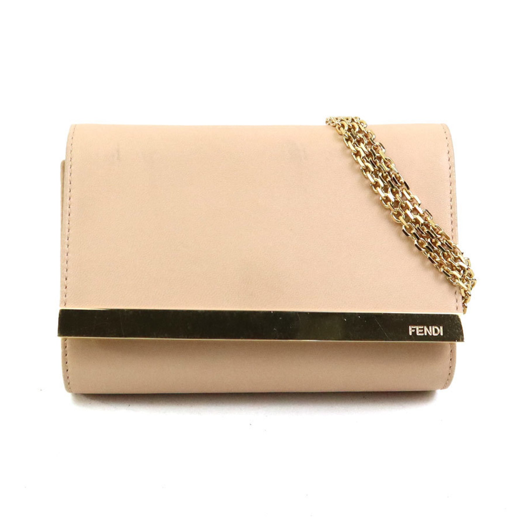FENDI Shoulder Bag Leather Metal Pink Beige Gold