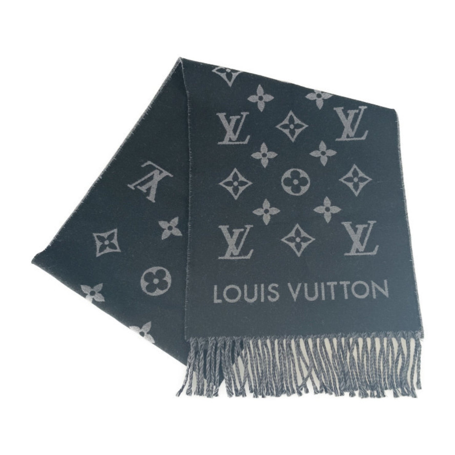 Louis Vuitton Scarf All About Monogram Black Gray 100% Wool Men's