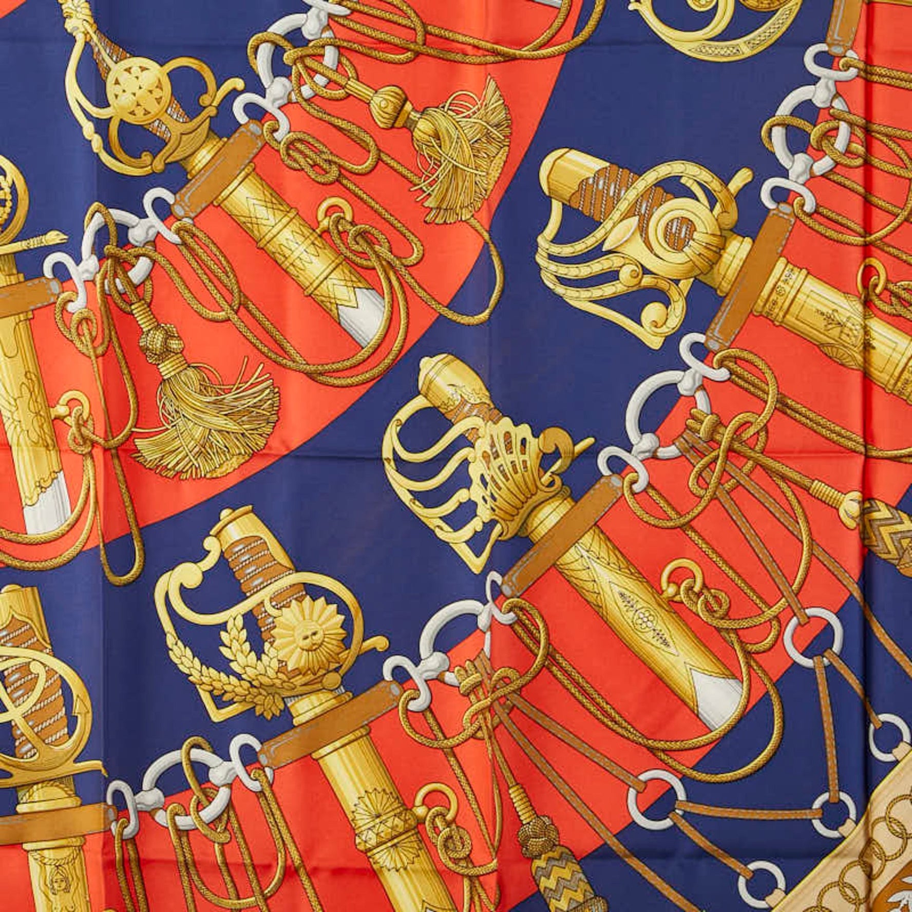 Hermes Carré 90 Cliquetis Kachikachi Sword Pattern Scarf Muffler Red Multicolor Silk