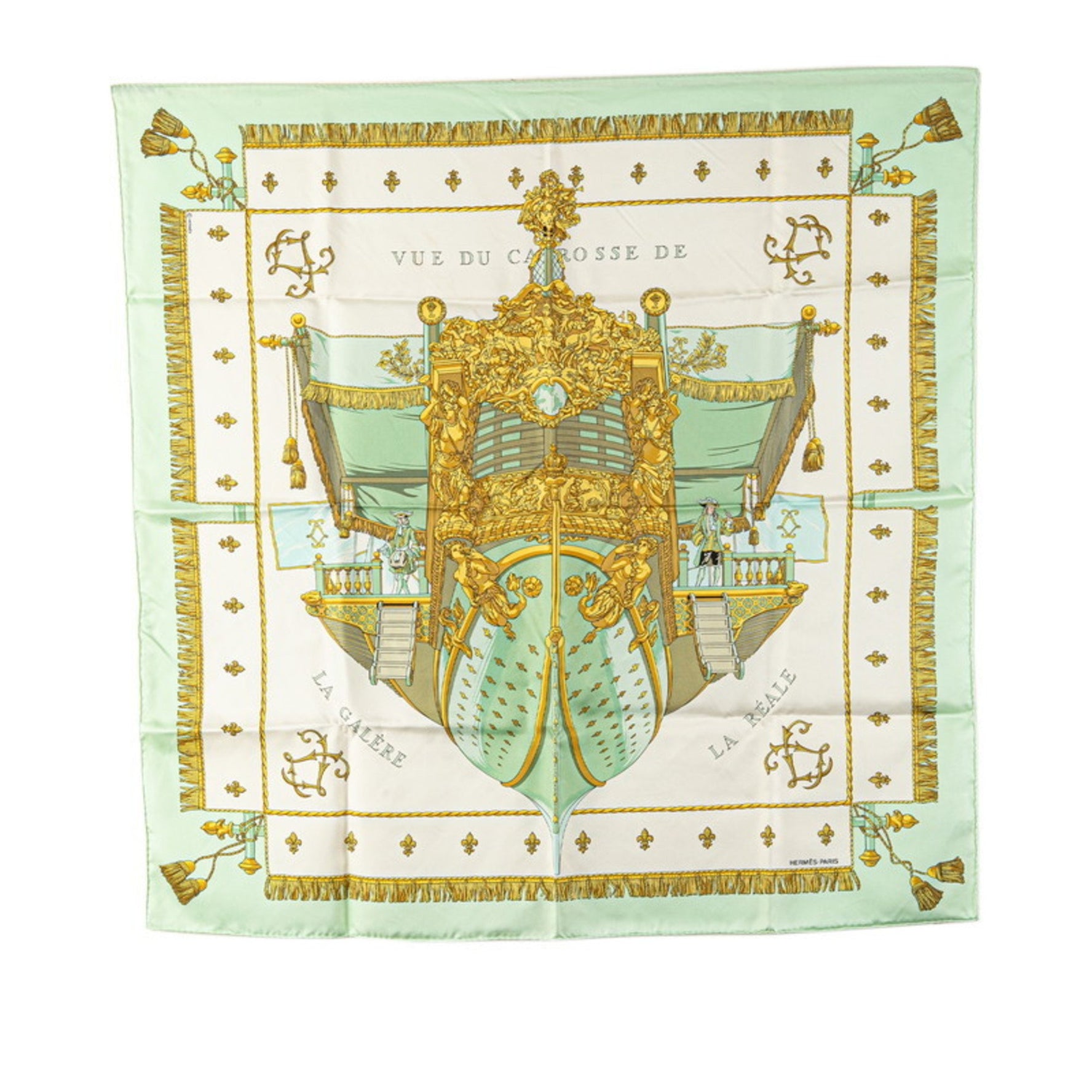 Hermes Hermès Carré 90 "VUE DU CAROSSE DE LA GALERE REALE" Queen's Coronation Scarf, White, Green, Multicolor, Silk