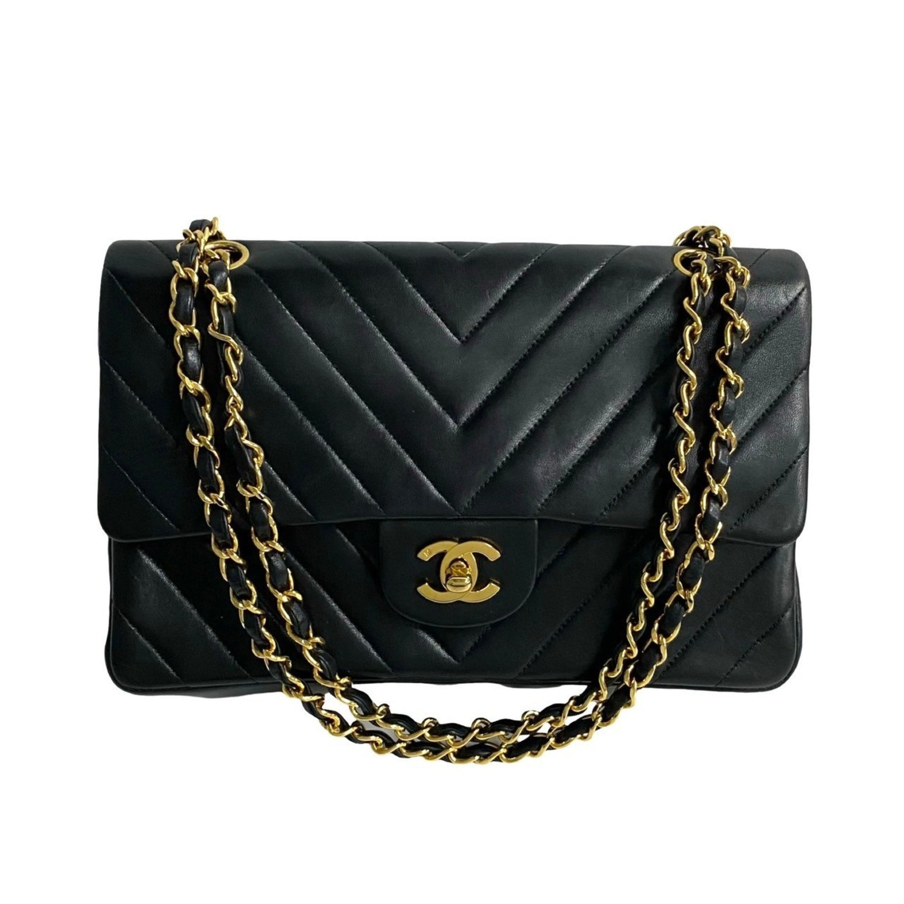 CHANEL V-Stitch Double Flap Coco Mark Lambskin Chain Shoulder Bag