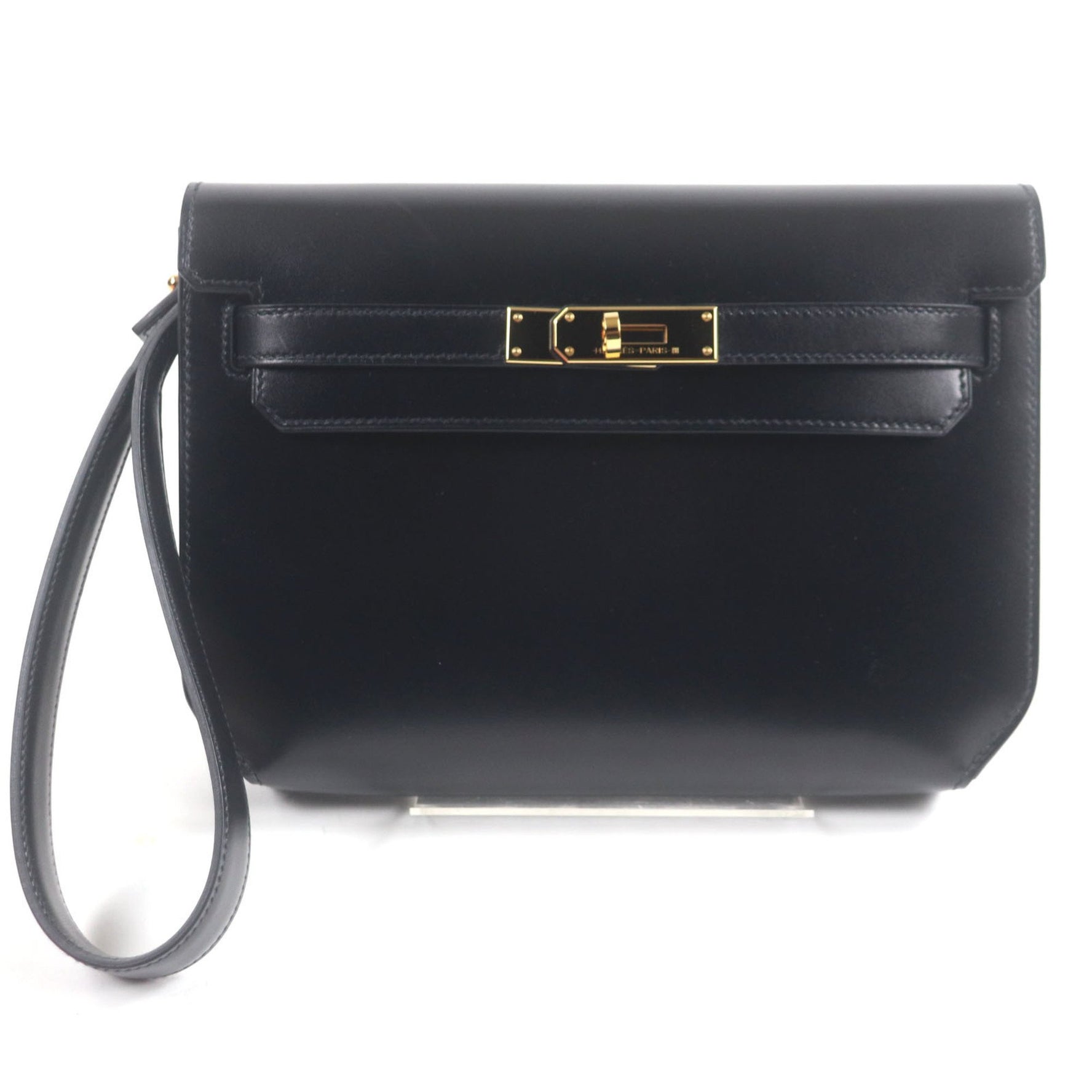 HERMES Kelly Depeche 25 Box Calf Leather Clutch Bag with Gold Hardware, Black U Stamp, and Dust Bag, Made in France, Men's