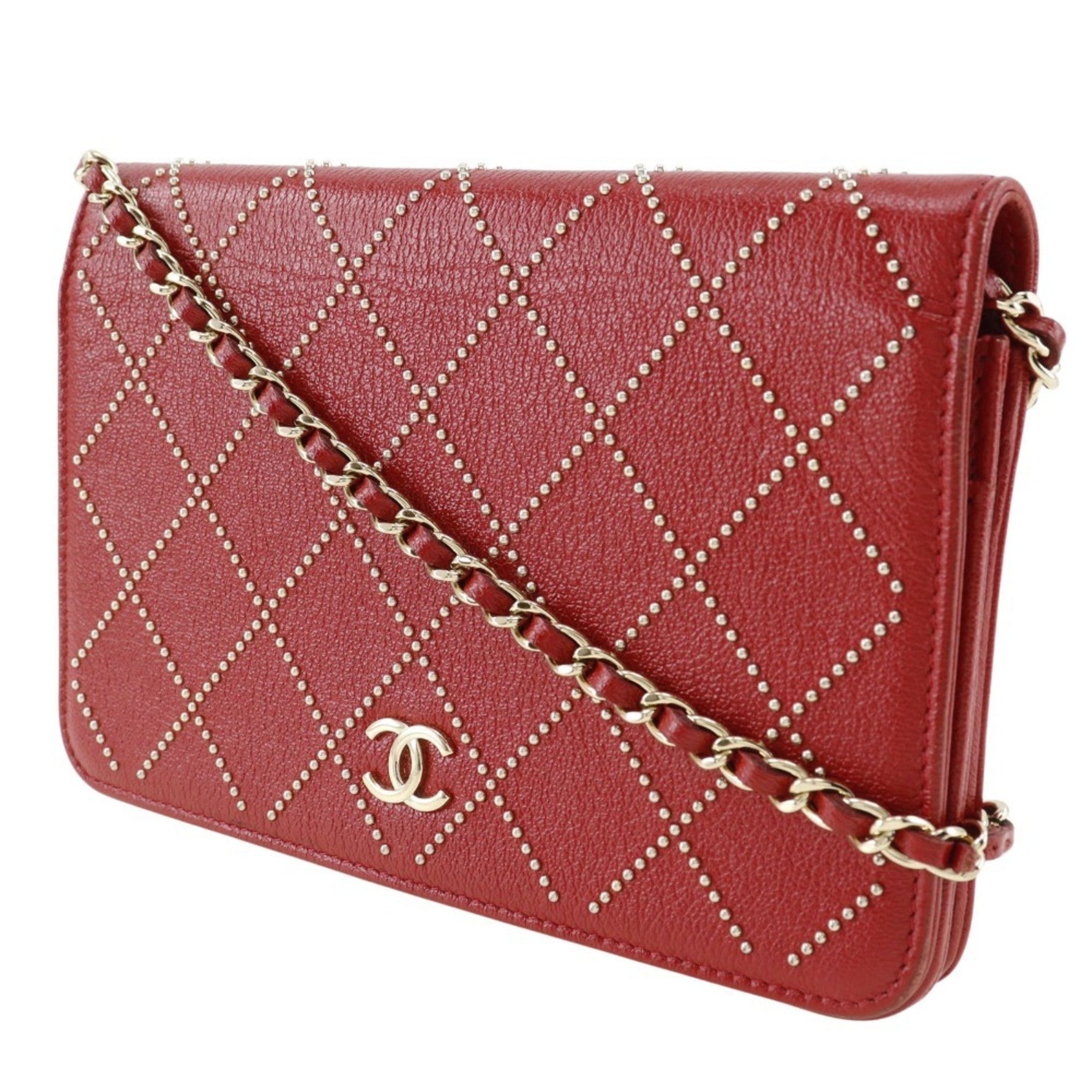CHANEL Studs Chain Wallet Matelasse Coco Mark Calfskin 2019 Red Type