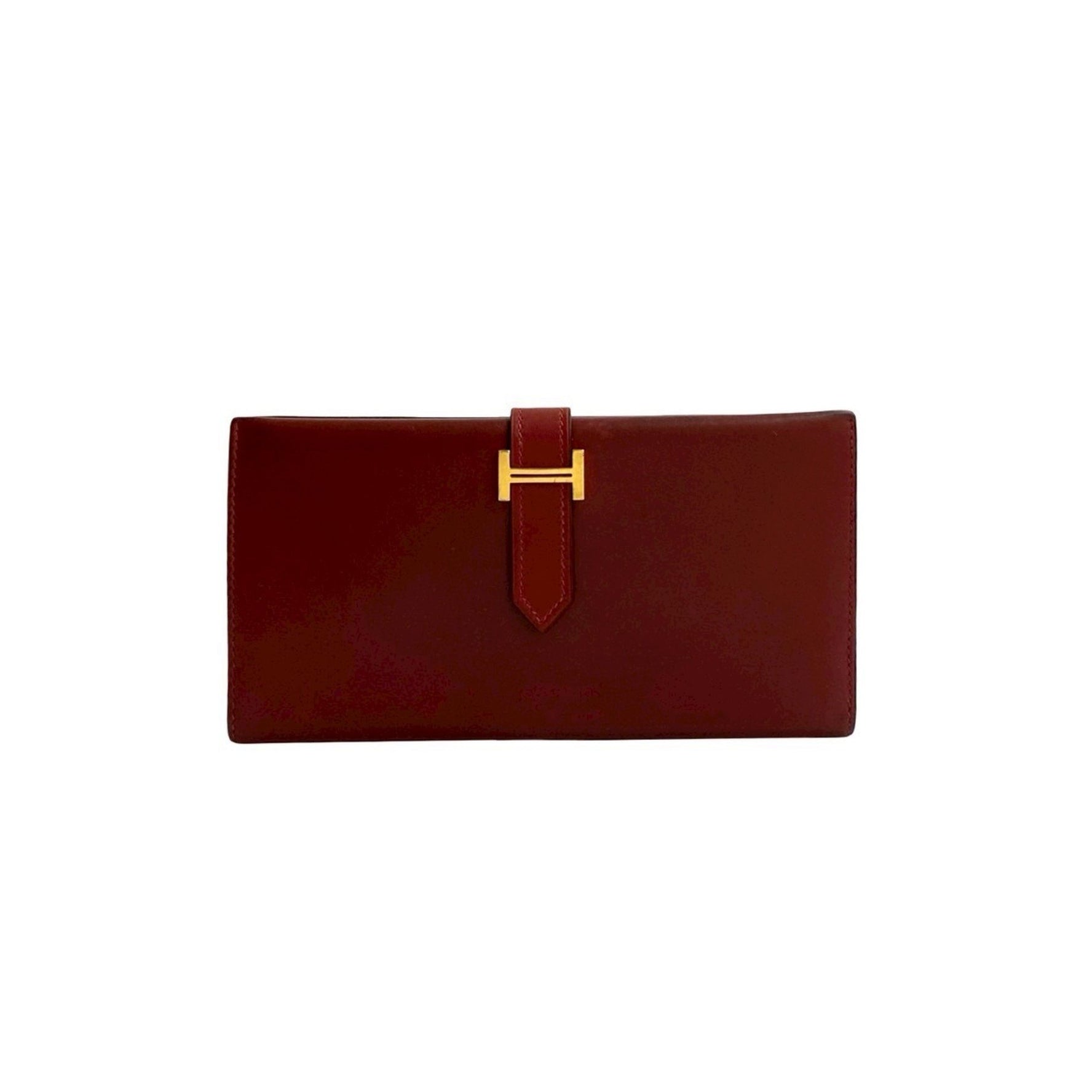 HERMES Bearn Box Calf Leather Long Wallet, Card Case, Coin Purse, Red