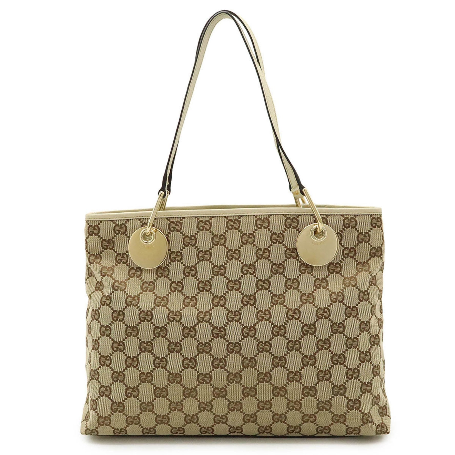 GUCCI GG canvas tote bag shoulder leather beige light