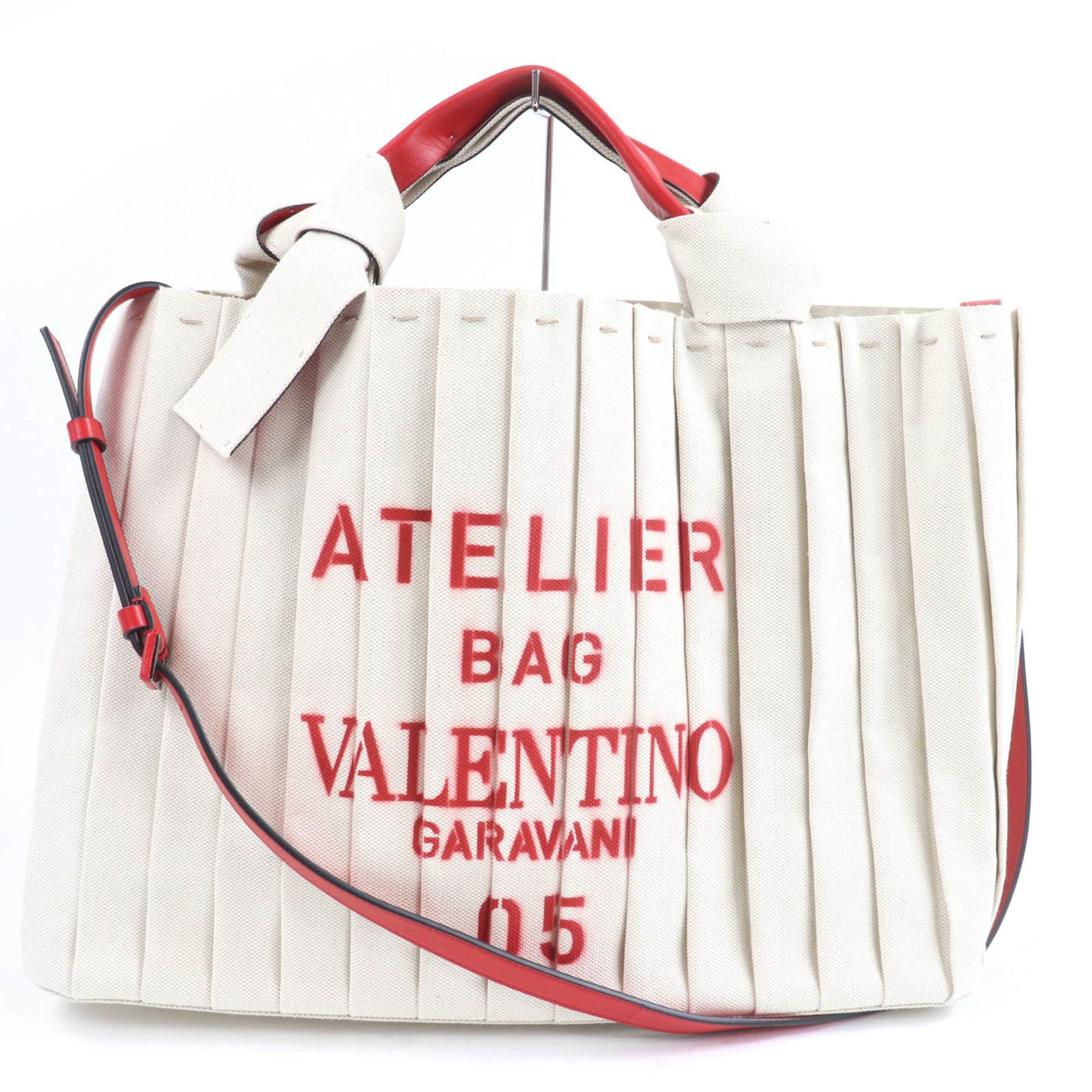 Valentino Garavani Atelier Bag, Canvas Tote, and Leather Tote Natural Pure Rouge, Comes with Dust Made in Italy