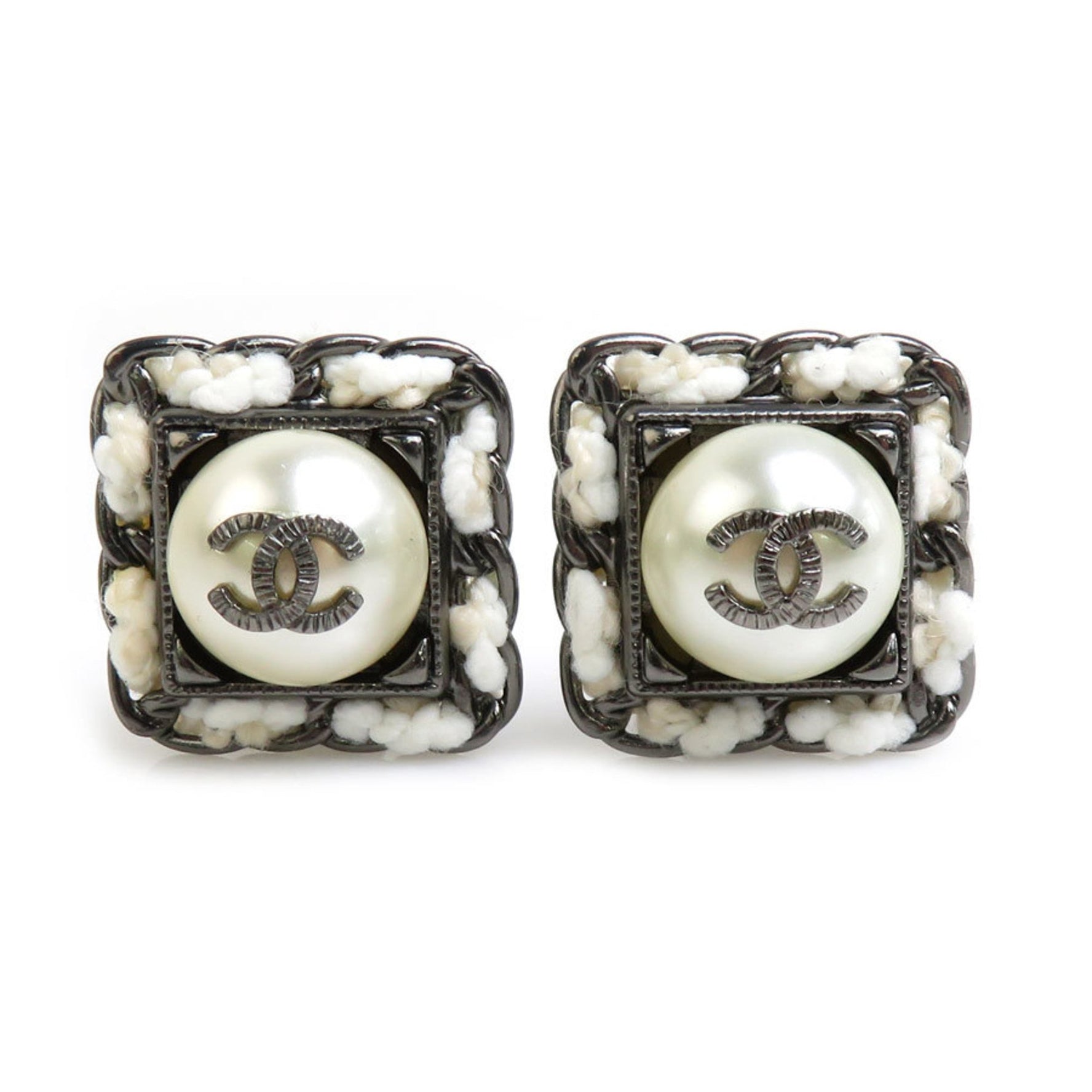 CHANEL Earrings Coco Mark Metal Faux Pearl Gunmetal White