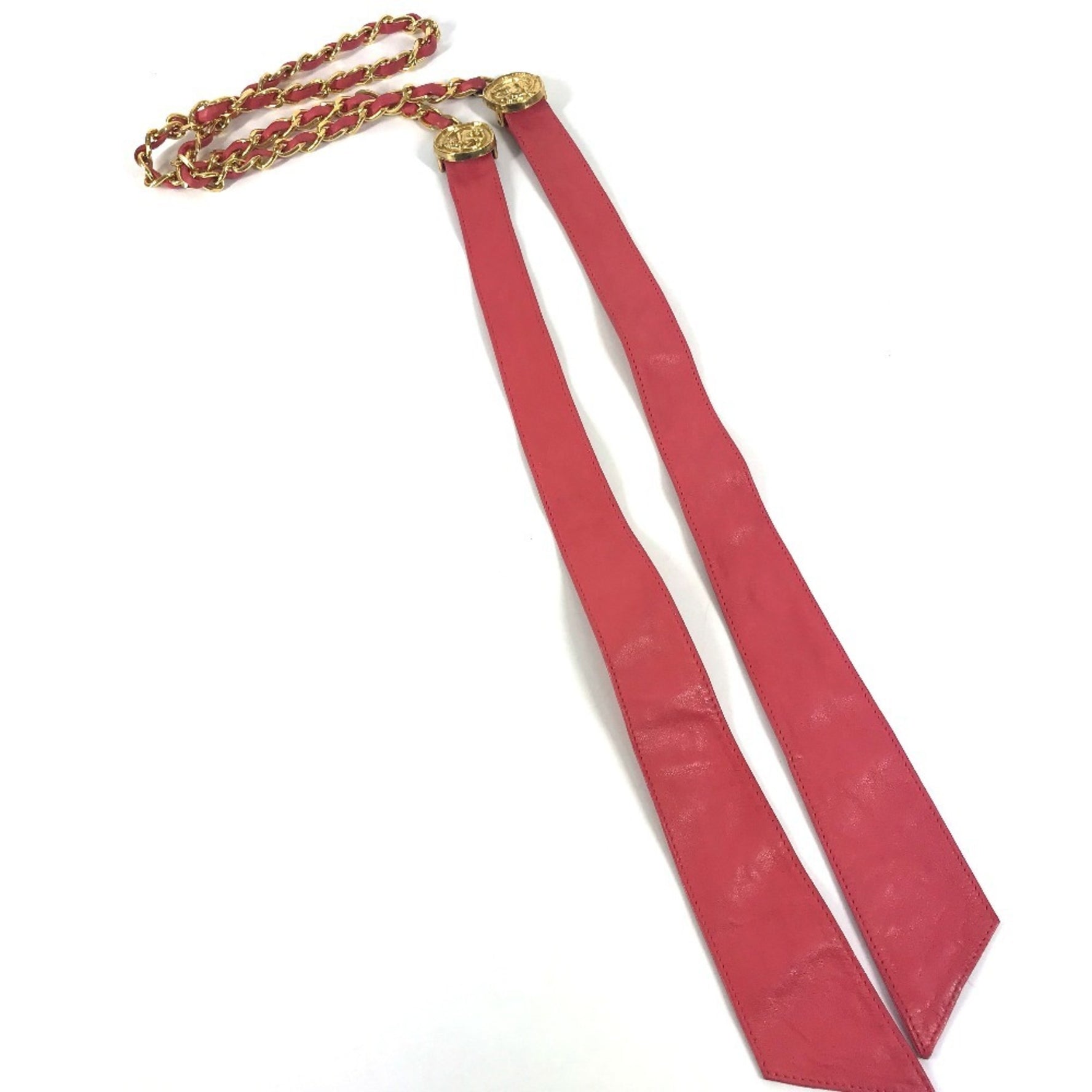 CHANEL Vintage Coin Chain Belt Fashion Accessory Ribbon Leather Pink