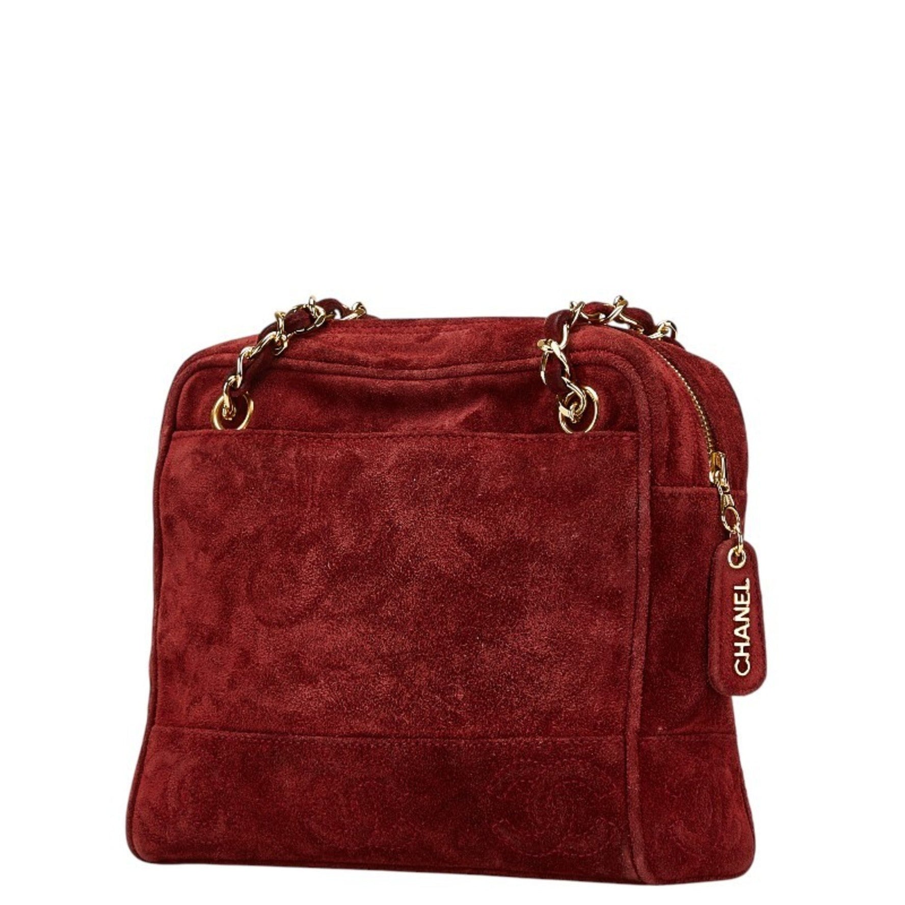 CHANEL Triple Coco Mark Chain Shoulder Strap Tote Bag Wine Red Suede