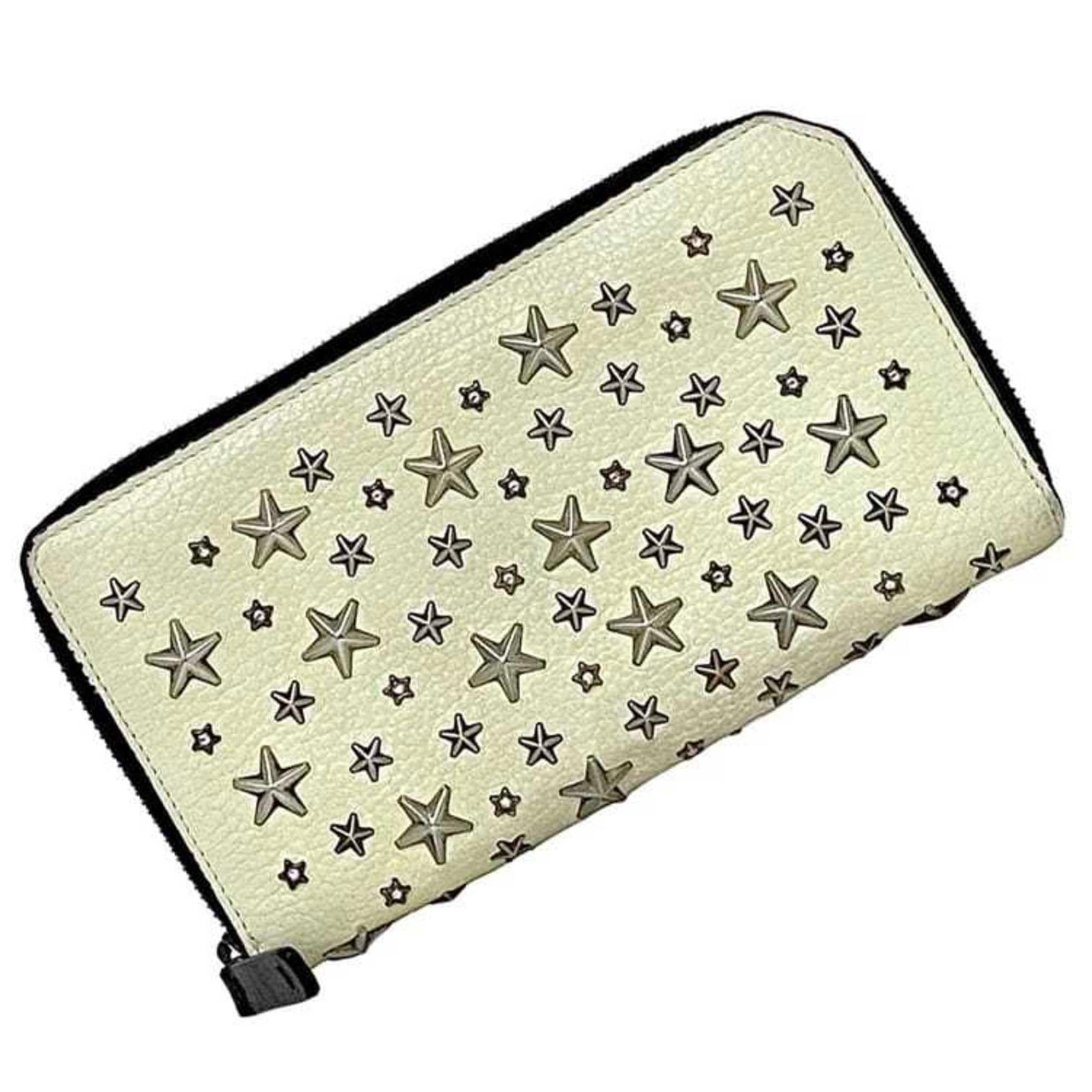 Jimmy Choo Round Long Wallet Cream Yellow Black Silver Leather Studs Stone Star